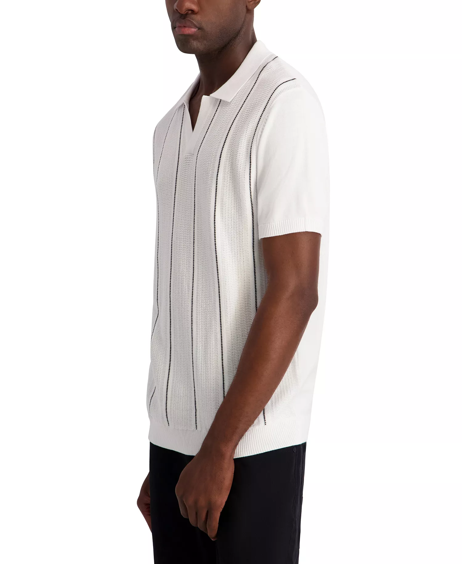 Men's Vertical Stripe Textured Johnny Collar Polo Shirt - White - 2XL