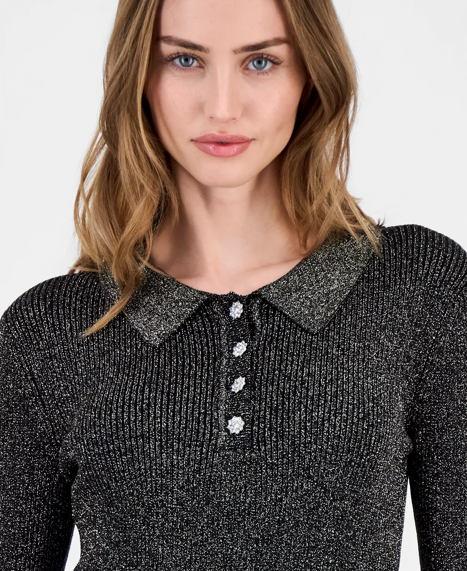 Women's Collared Ribbed Metallic Top - Black Lurex - L