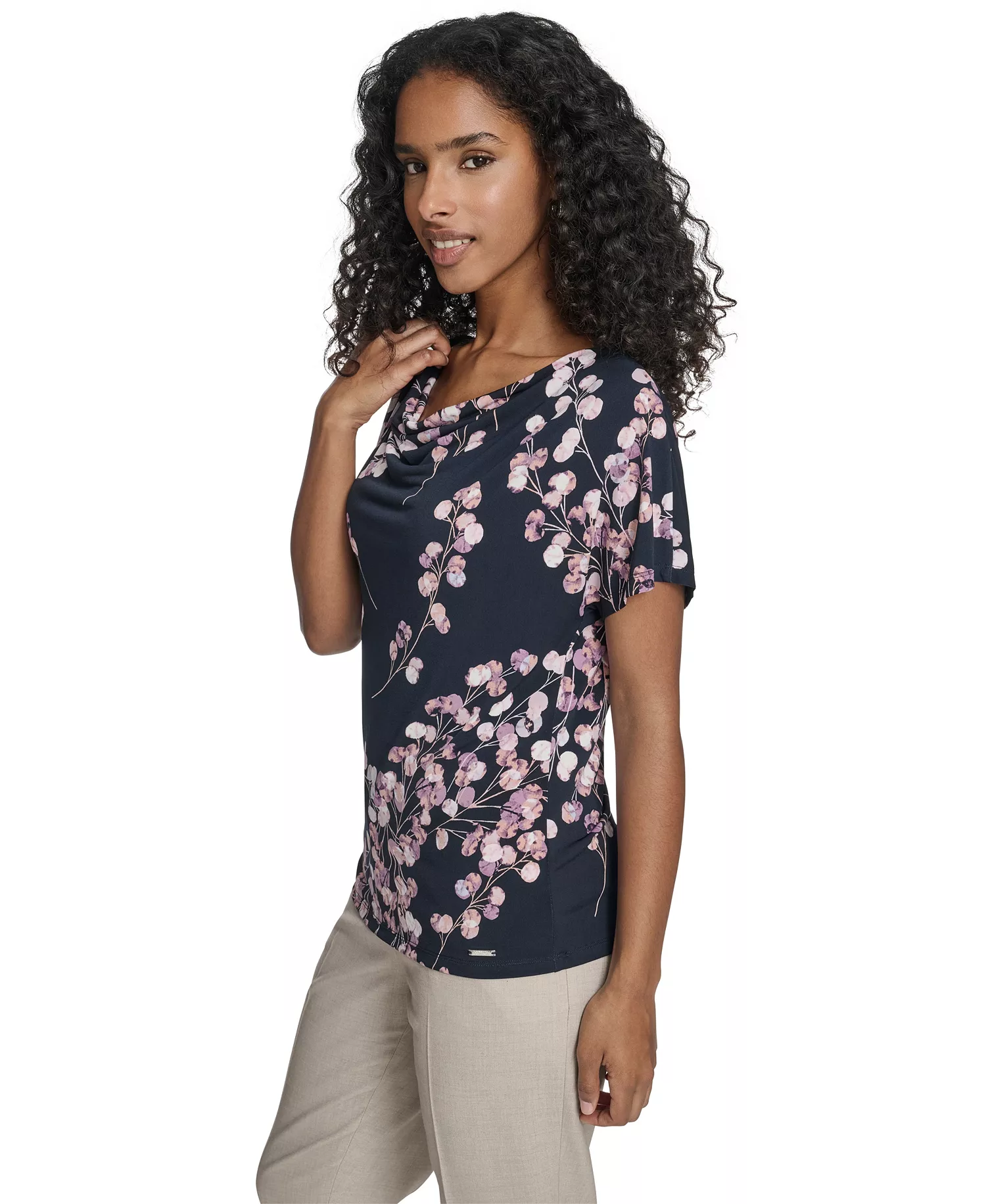Women's Printed Drape Front Short-Sleeve Top - Navy/cream Multi - L