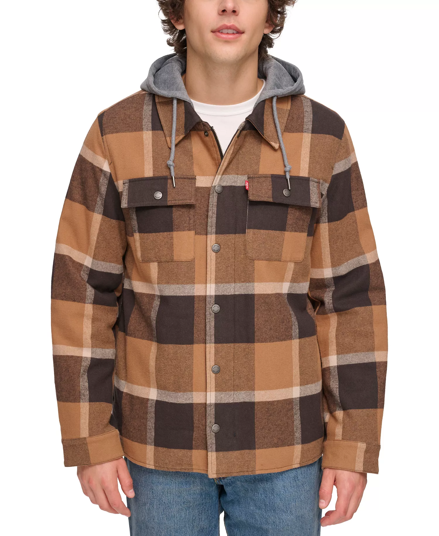 Men's Faux Sherpa Lined Flannel Shirt Jacket - Brown Cafe Plaid - 2XL