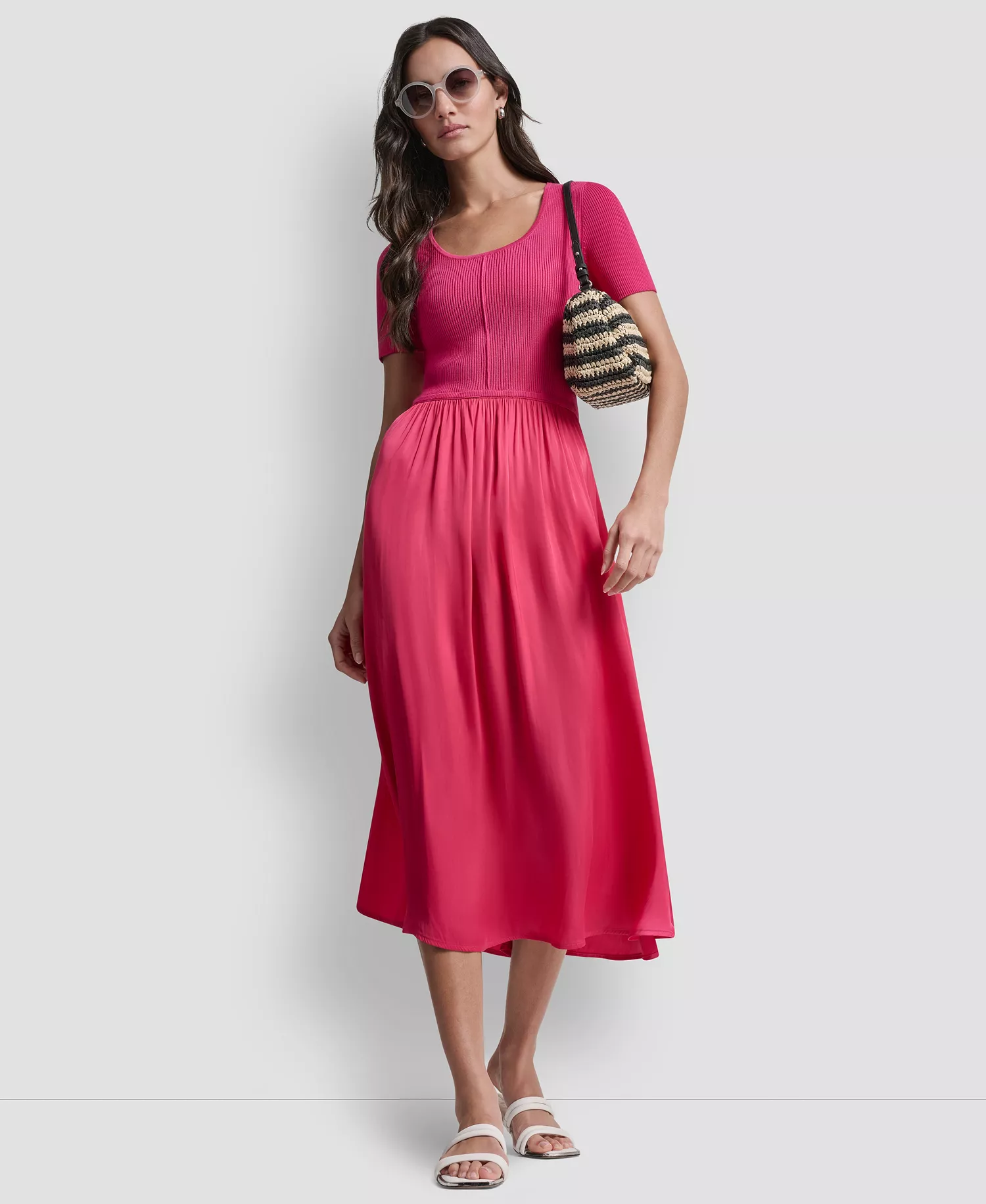 Women's Short-Sleeve Mixed Media Midi Sweater Dress - Hot Pink - L