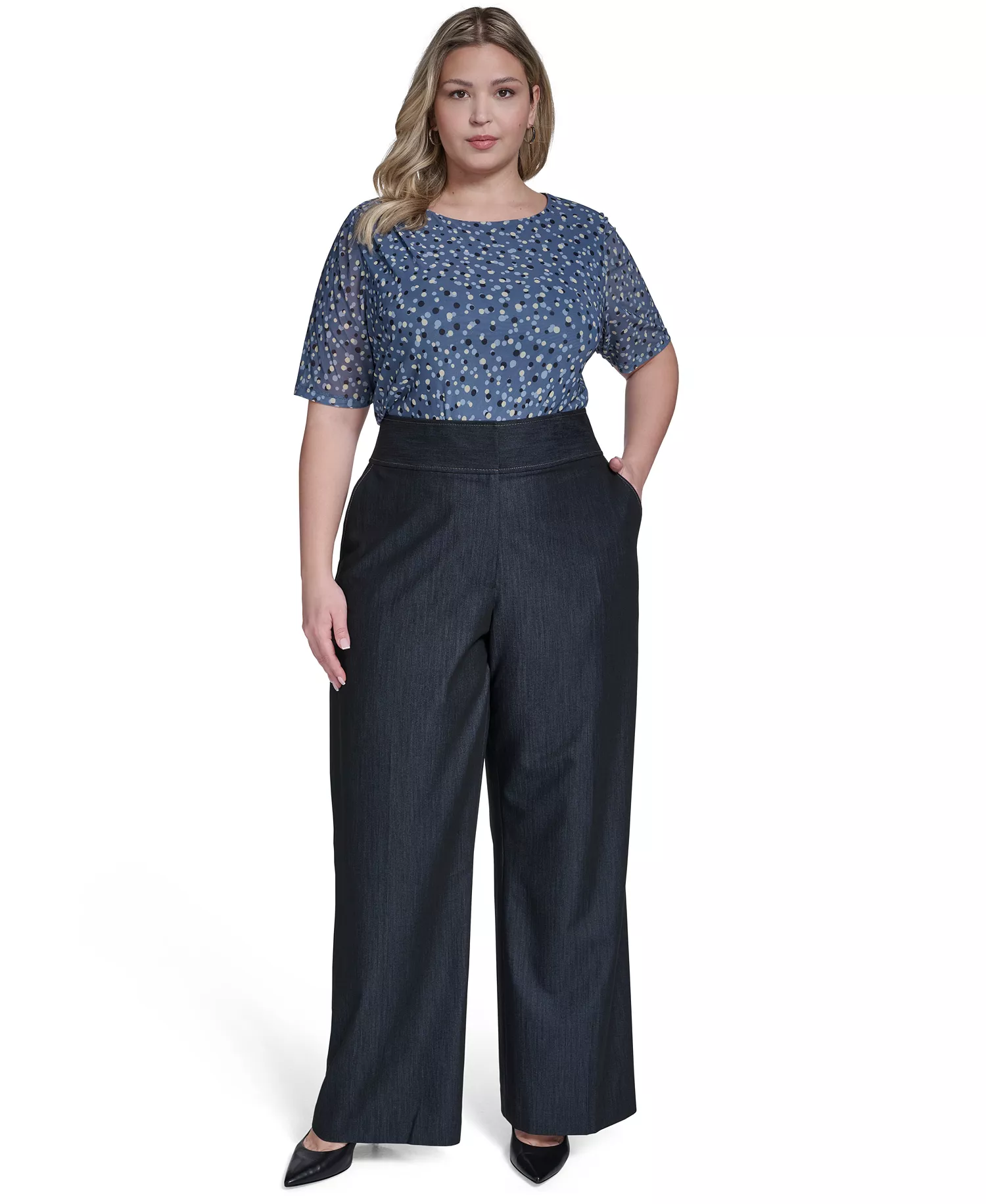 Plus Size Wide-Leg Mid Rise Pants - Indigo - 14W
