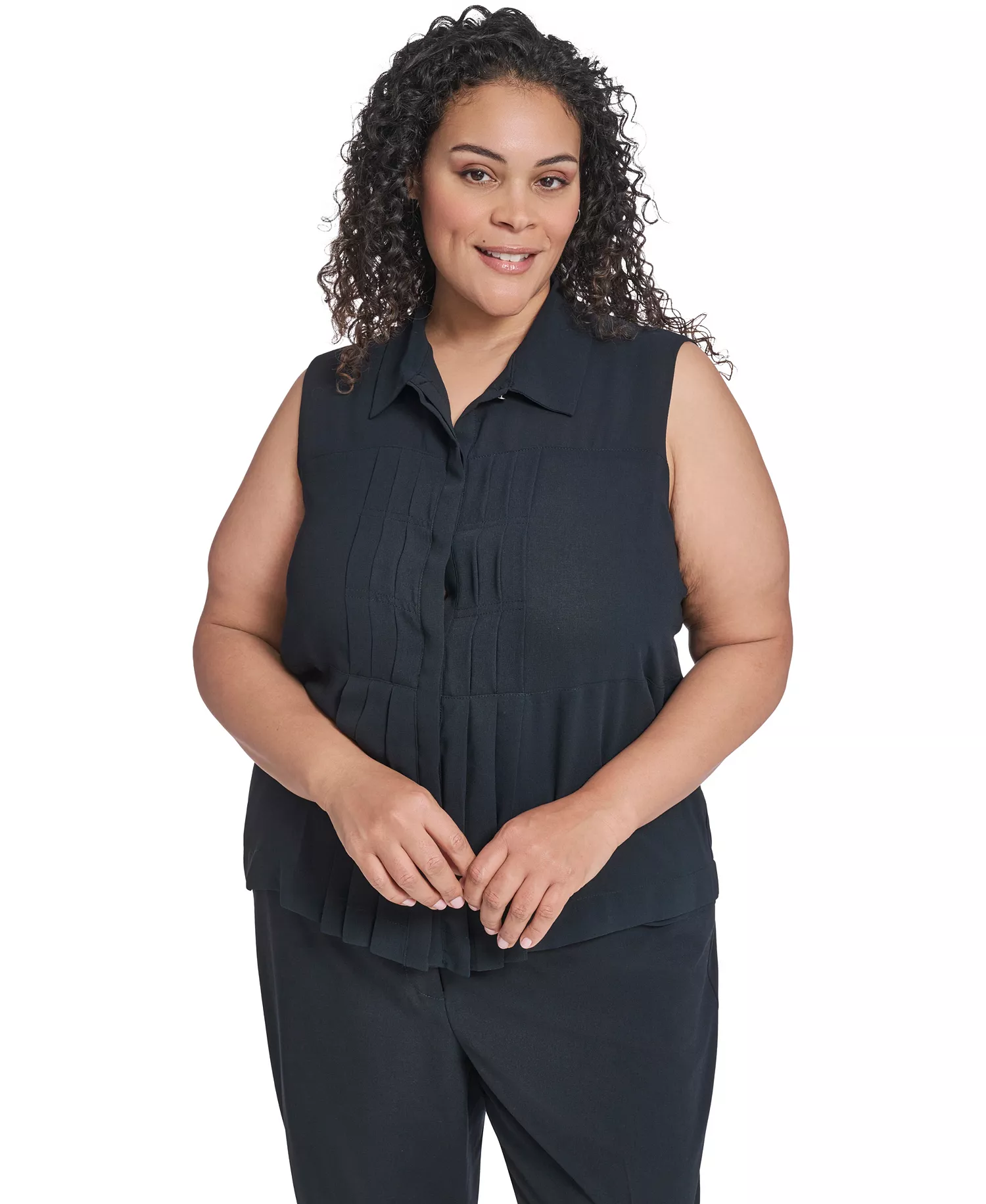 Plus Size Collared Neck Sleeveless Top - Navy - 1X
