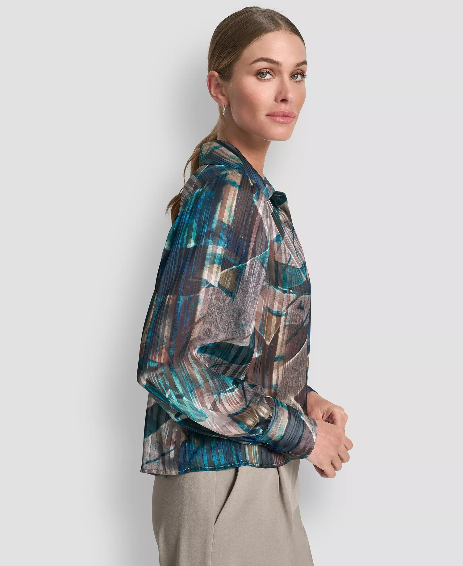 Women's Balloon Sleeve Shirt - City Taupe/ocean Blue Multi - L