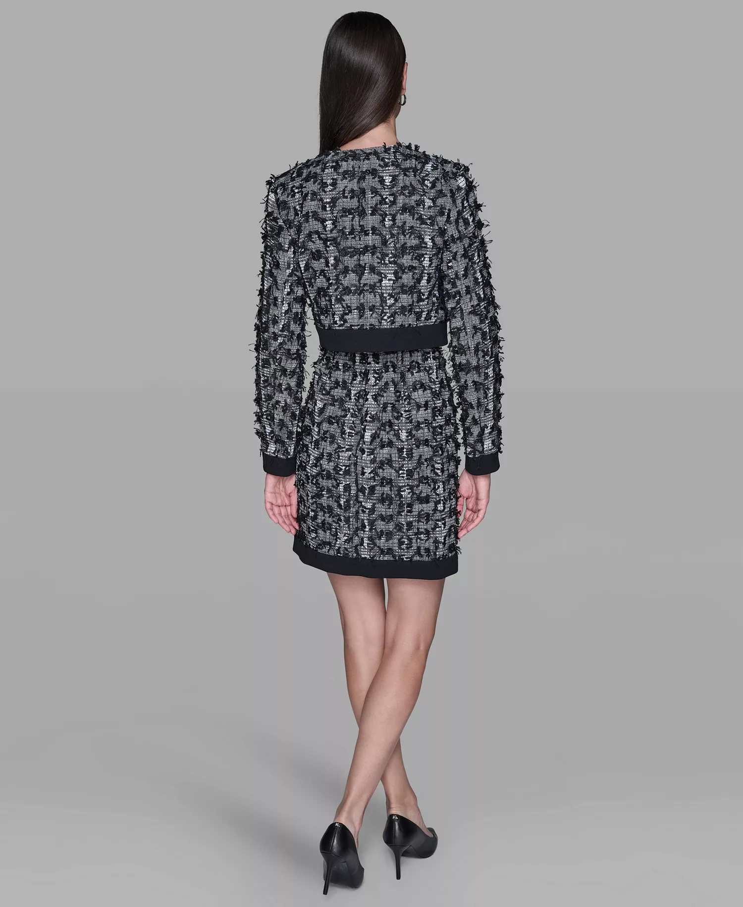 Women's Cropped Tweed Button Front with Jacket - Black/ Soft White/ Black - 10