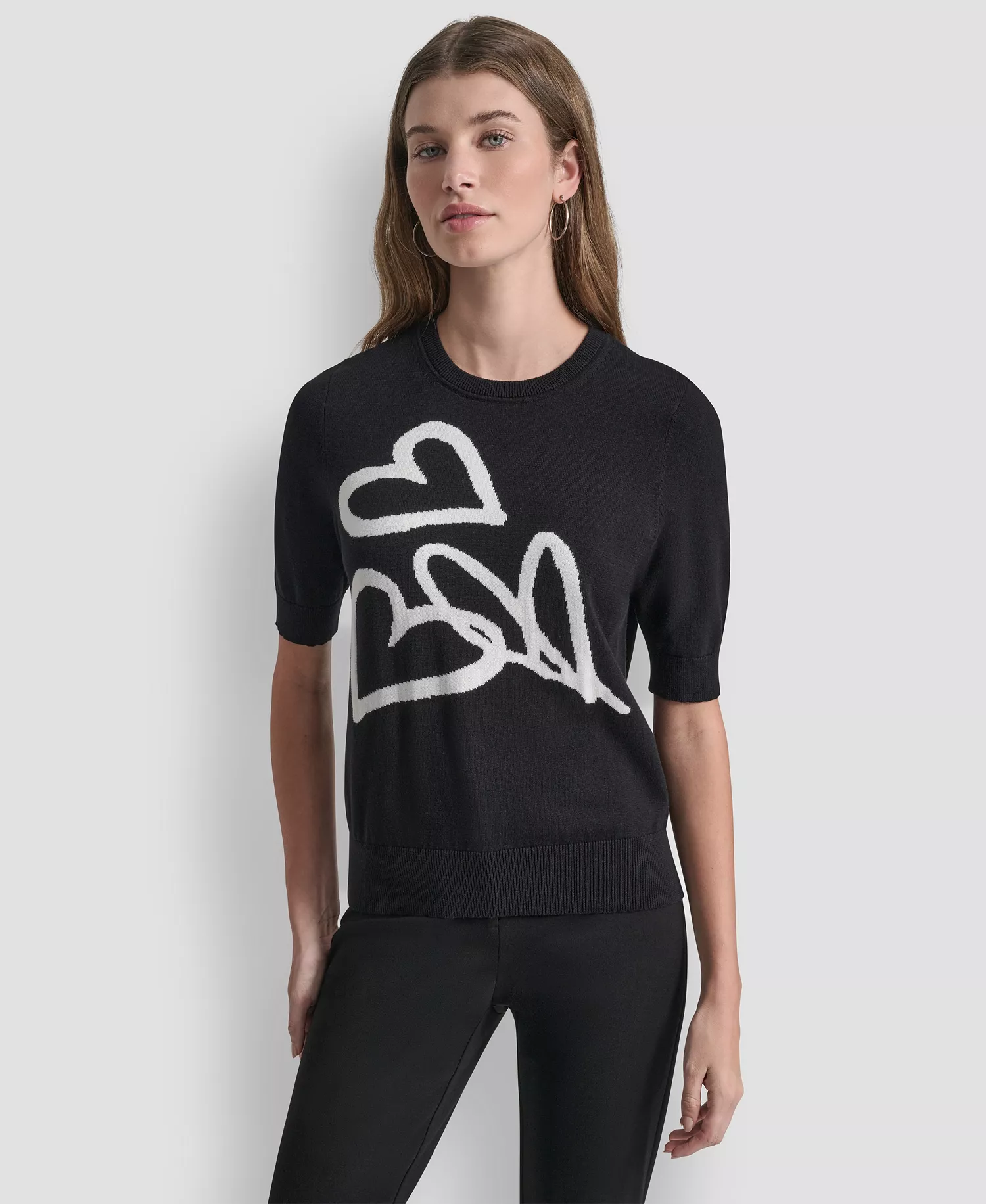 Women's Short-Sleeve Graffiti Hearts Sweater Top - Black/Ivory - L