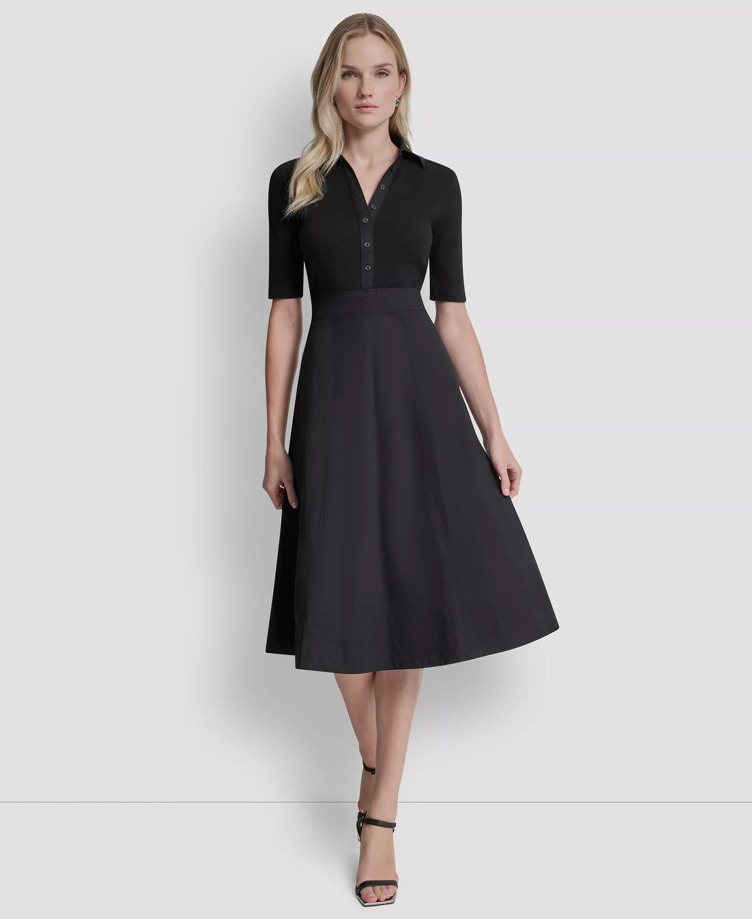 Women's A-Line Polo Collar Midi Dress - Black - 10