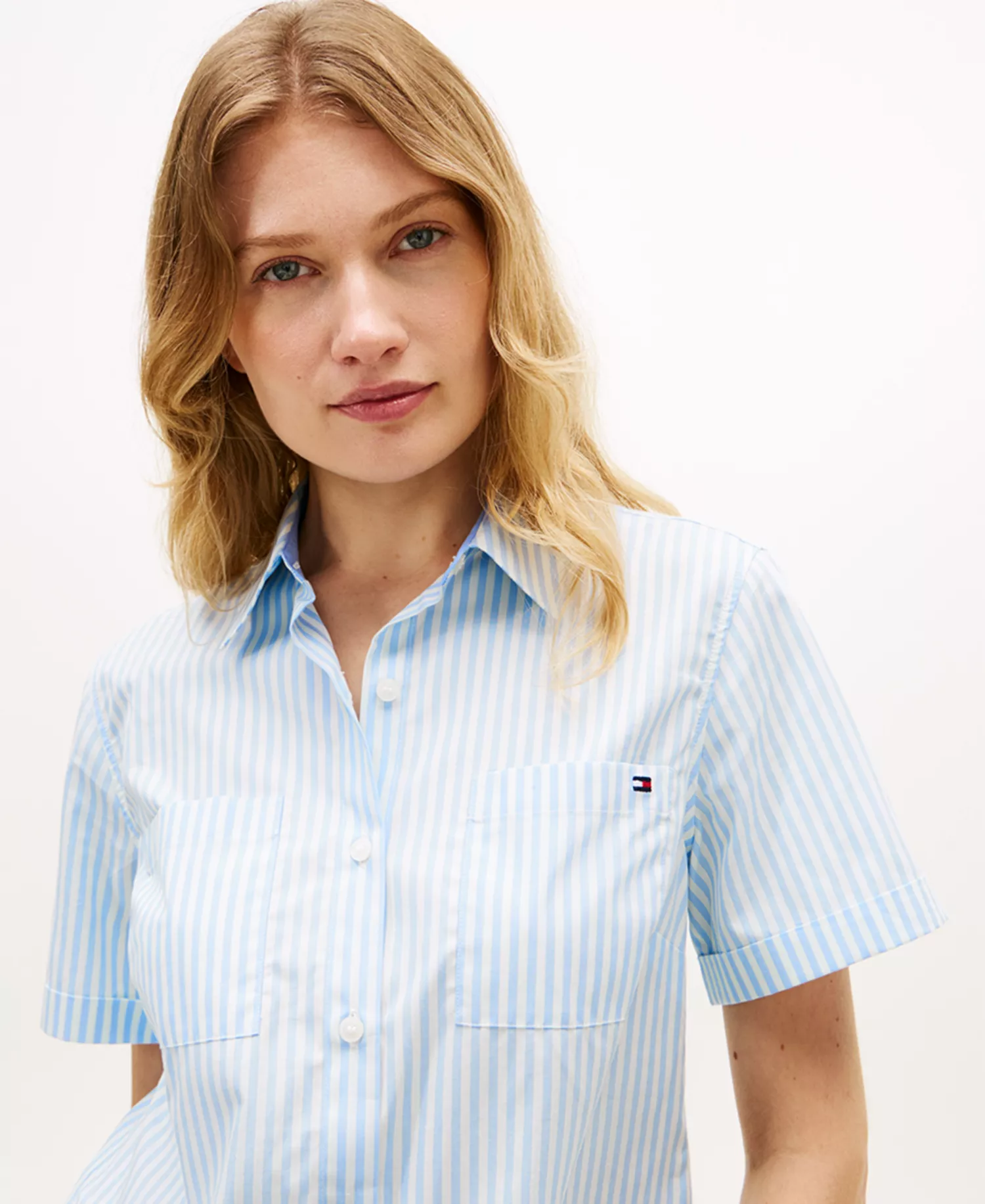 Women's Striped Poplin Short-Sleeve Shirt - Banker Stripe Vessel Blue / White - L