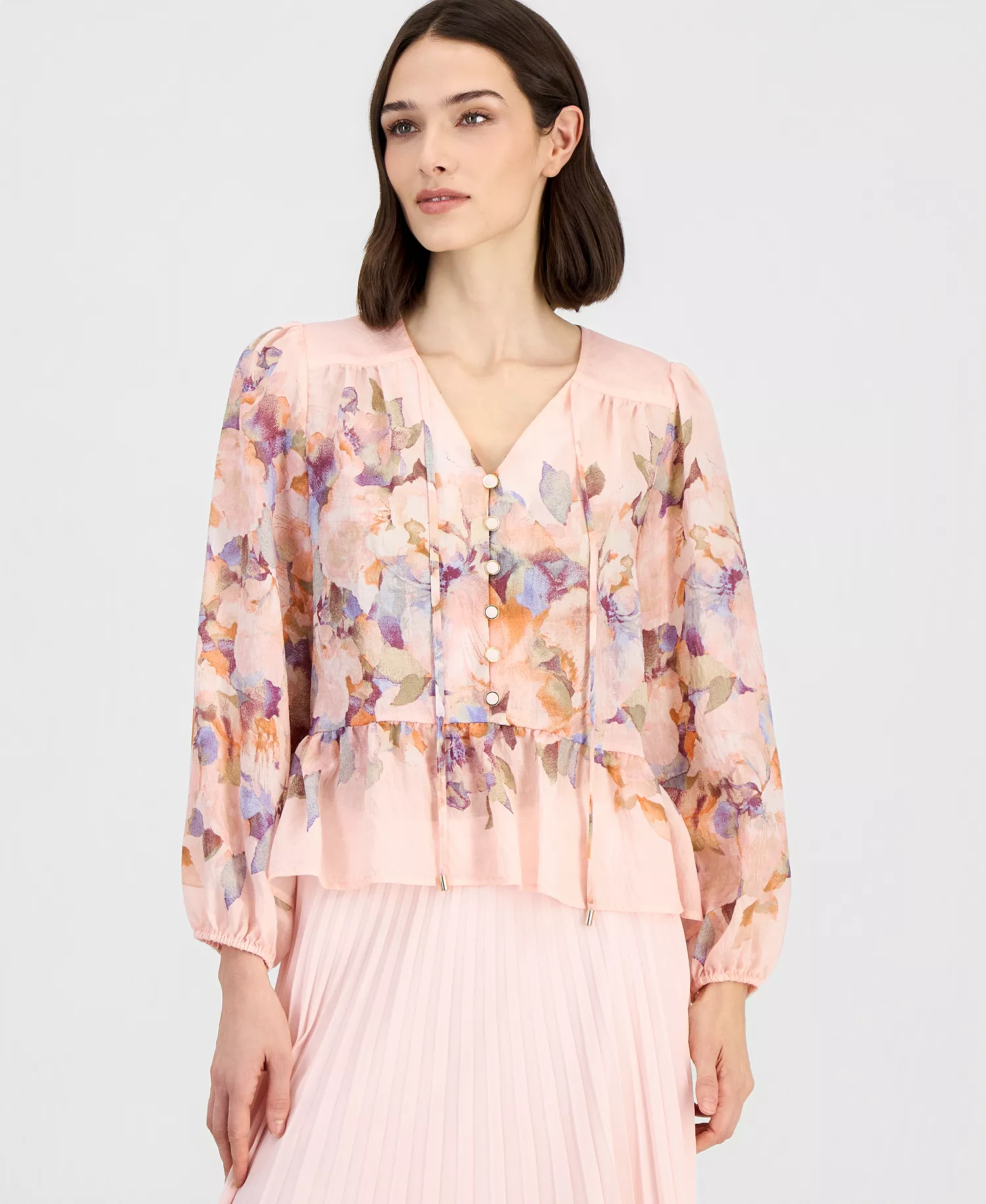 Women's Printed Chiffon Peplum Blouse - Tea Rose Multi - L