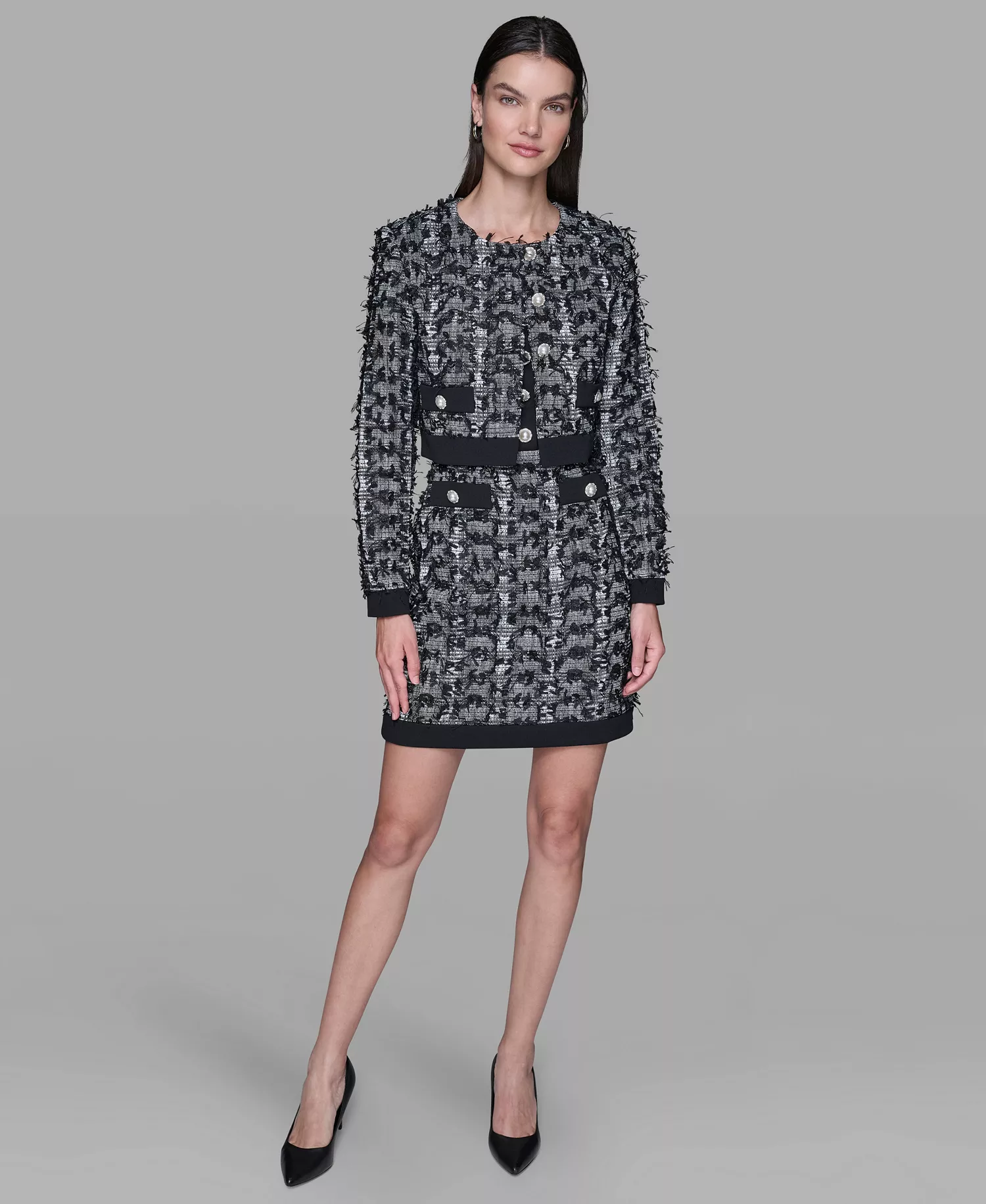 Women's Cropped Tweed Button Front with Jacket - Black/ Soft White/ Black - 10