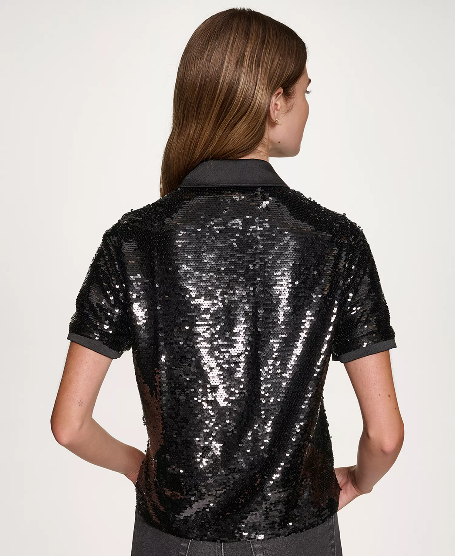 Women's Sequin Detail Collared Top - Black - S