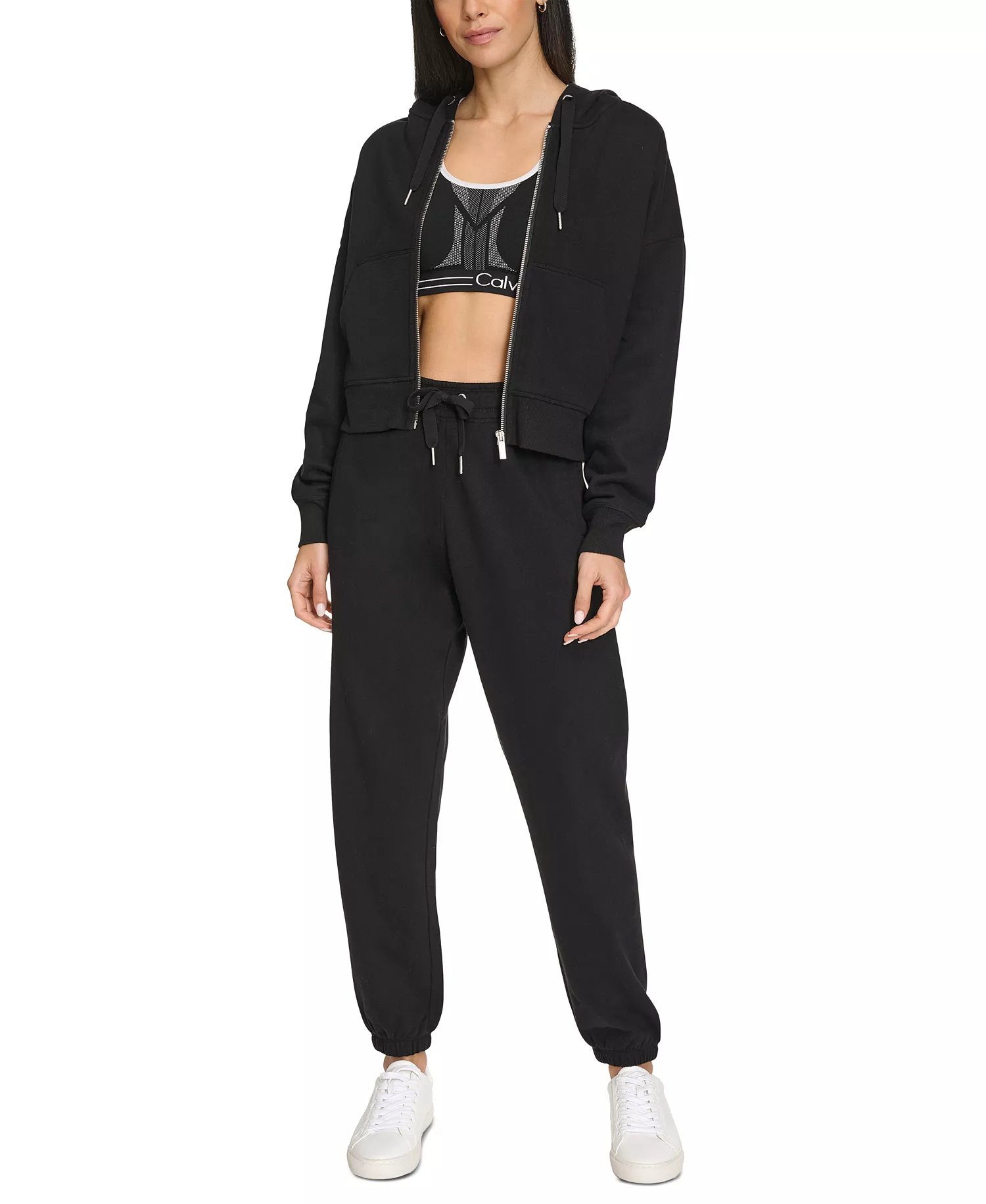 Women's Fleece Crop Zip-Front Long-Sleeve Hoodie - Black - 2XL