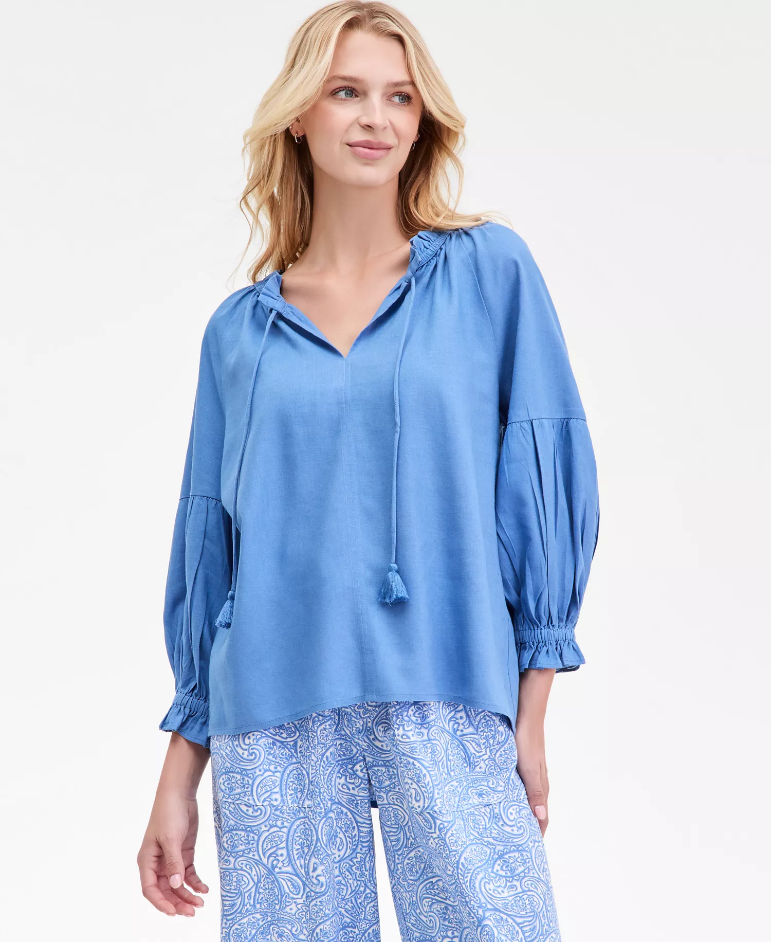 Nautica Women's Split-Neck Ruffled-Trim Blouse - Blue Haze - L
