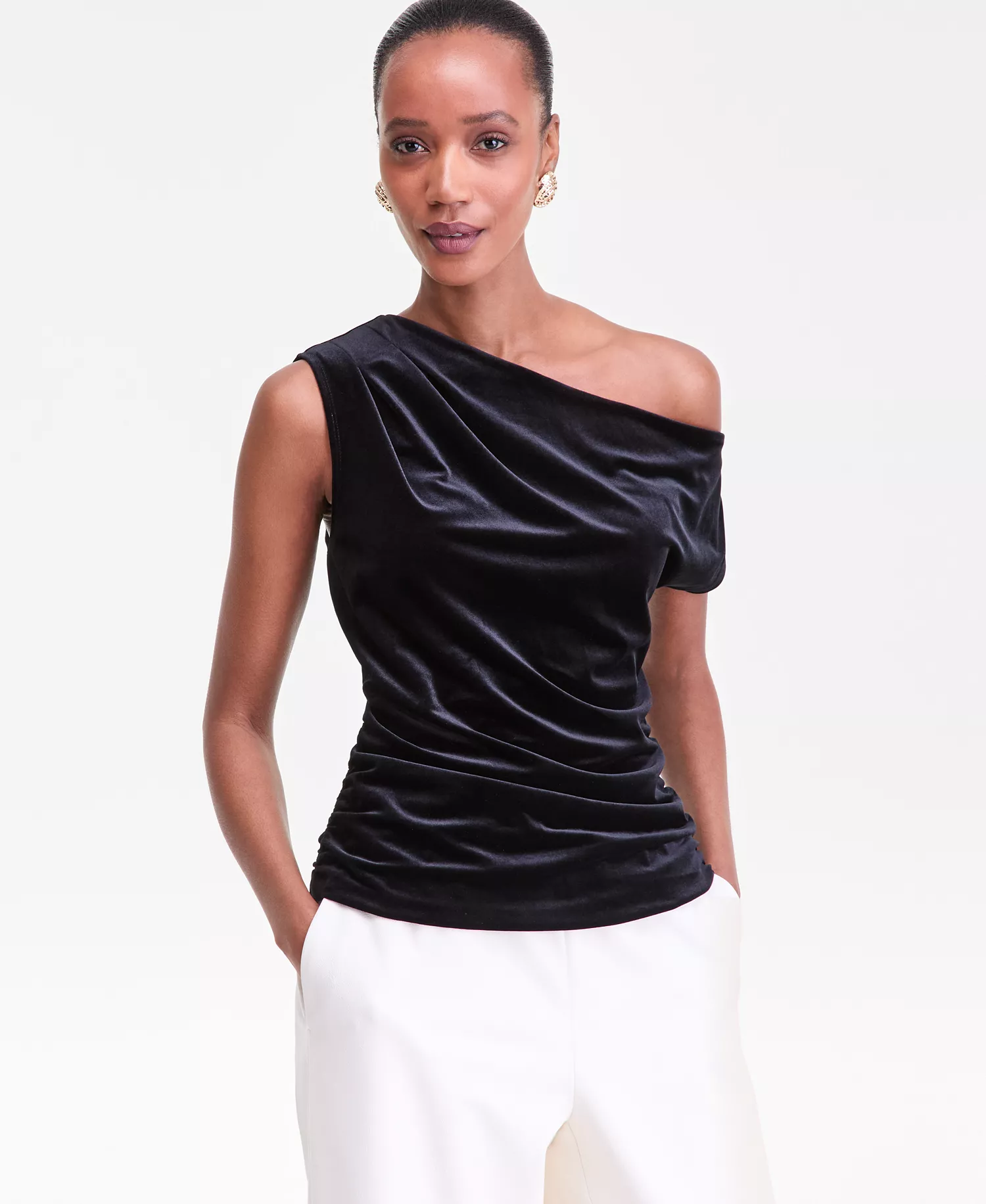 Women's Asymmetric Draped Velvet Top, Macy's Exclusive - Deep Black - S
