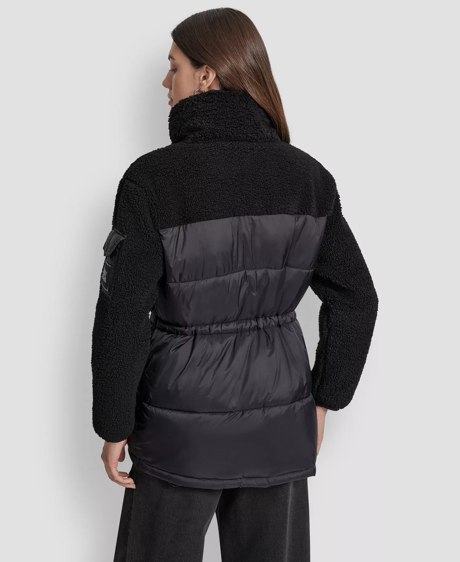 Women's Faux-Sherpa Puffer Mixed Coat - BLK - BLACK - L