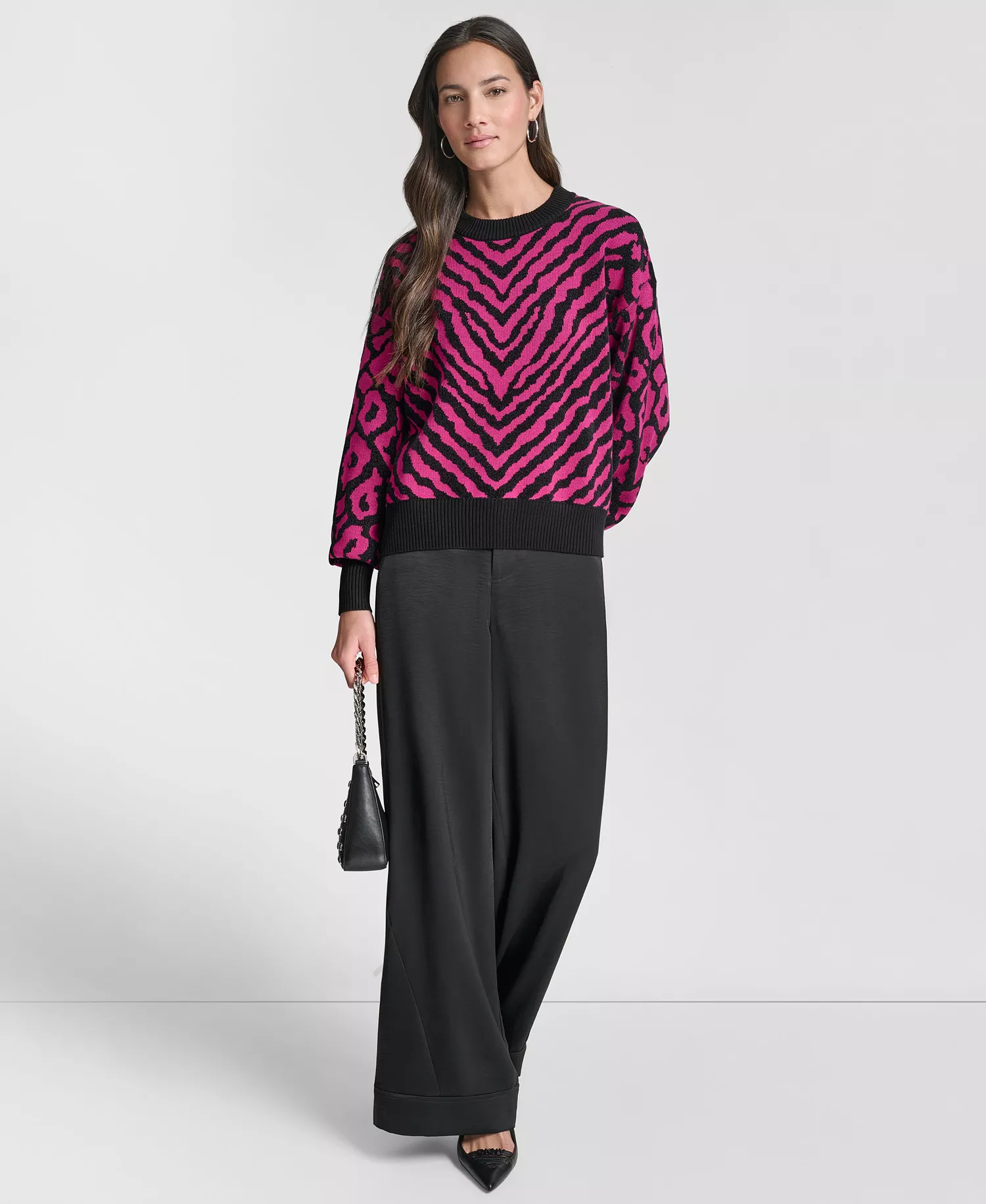 Women's Long-Sleeve Animal-Flocked Sweater - Fuchsia/black - L