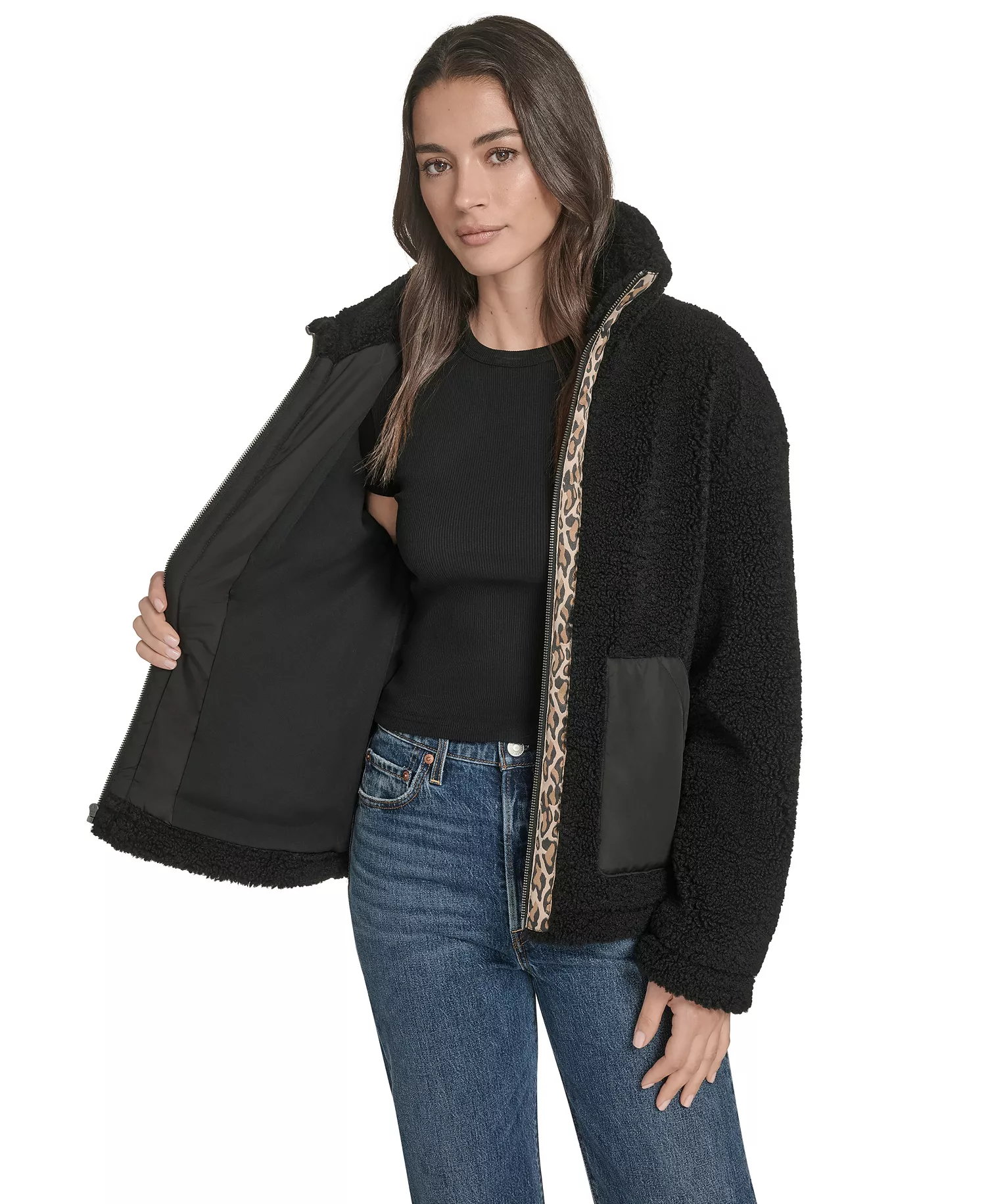 Women's Regular Stand Collar Sherpa Teddy Jacket - Black - M
