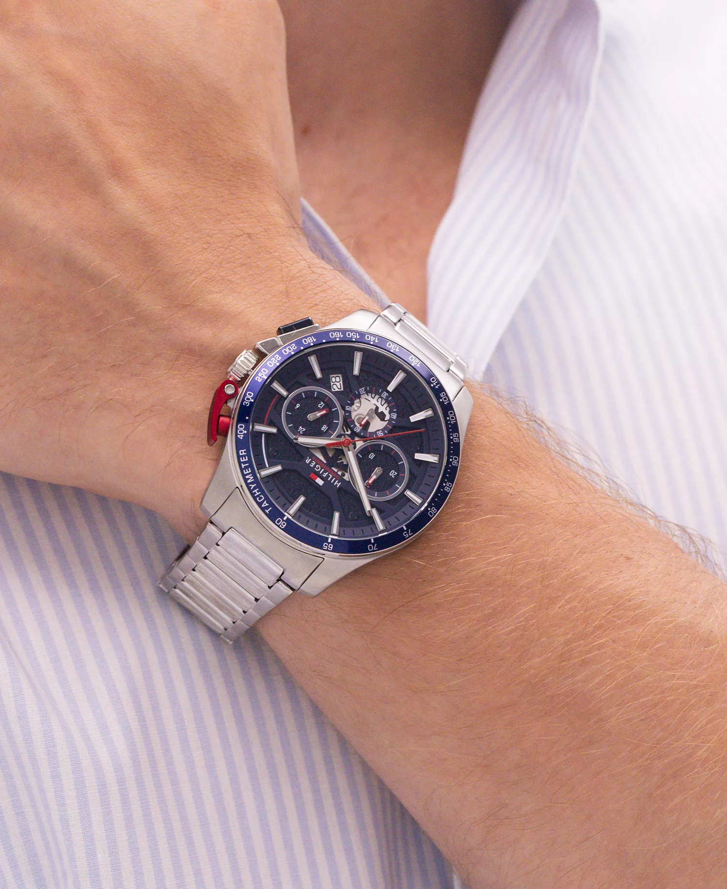 Men's Chronograph Silver Tone Stainless Steel Bracelet Watch, 44mm - Silver - NO SIZE