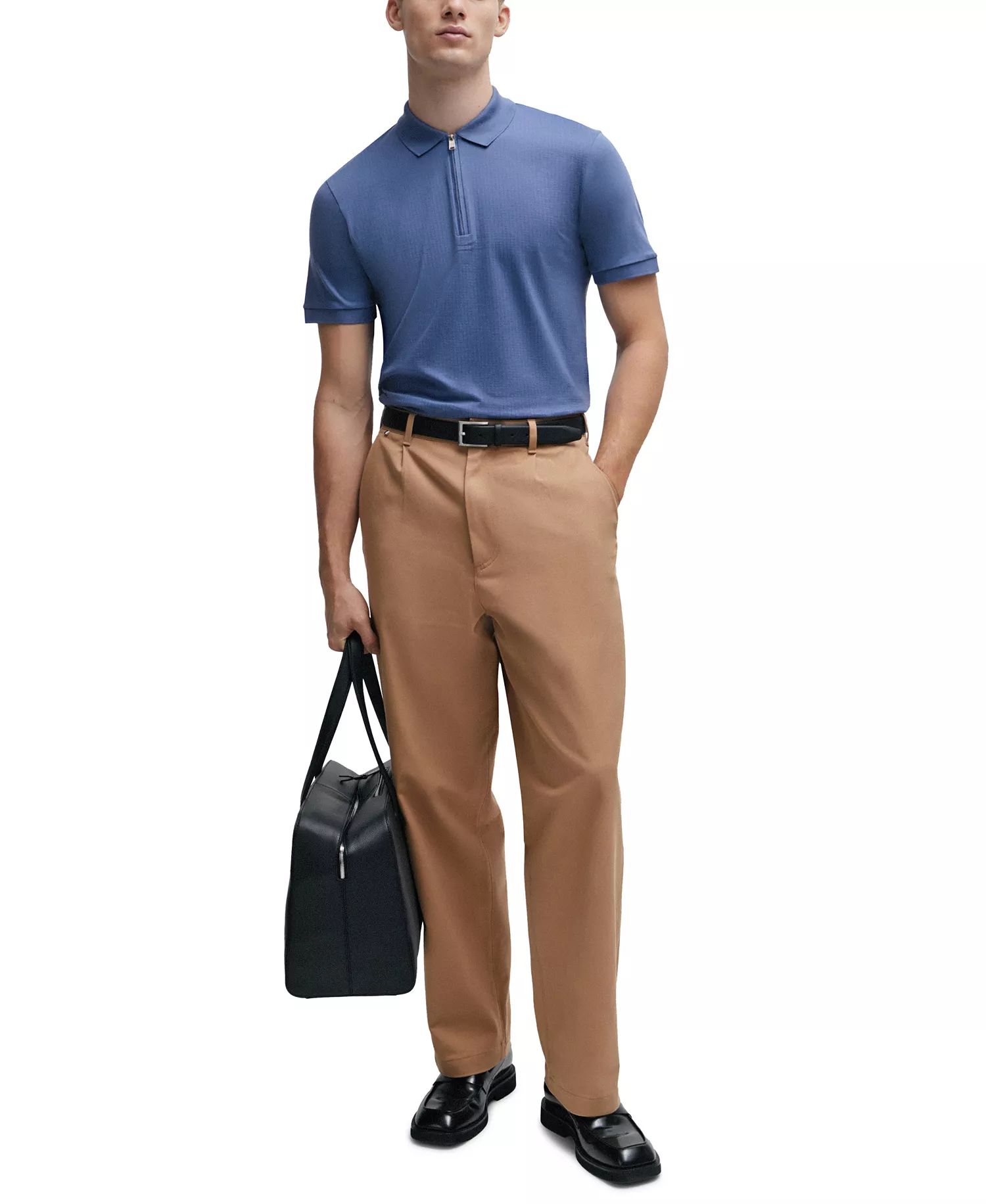 Men's Zip Placket Slim-Fit Polo Shirt - Open Blue - 2XL