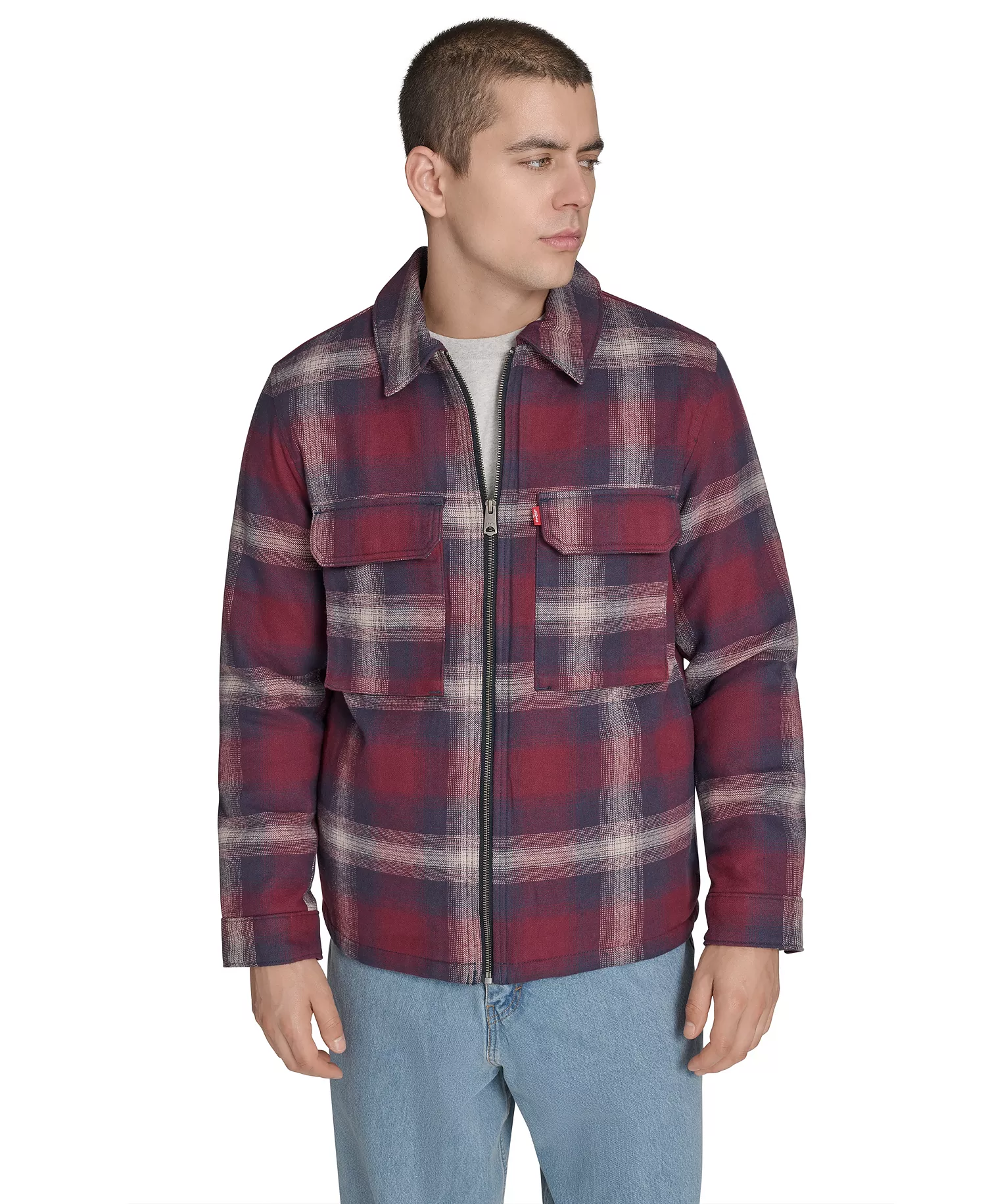 Men's Two Pocket Shirt Jacket - Rust Ombre Plaid - 2XL