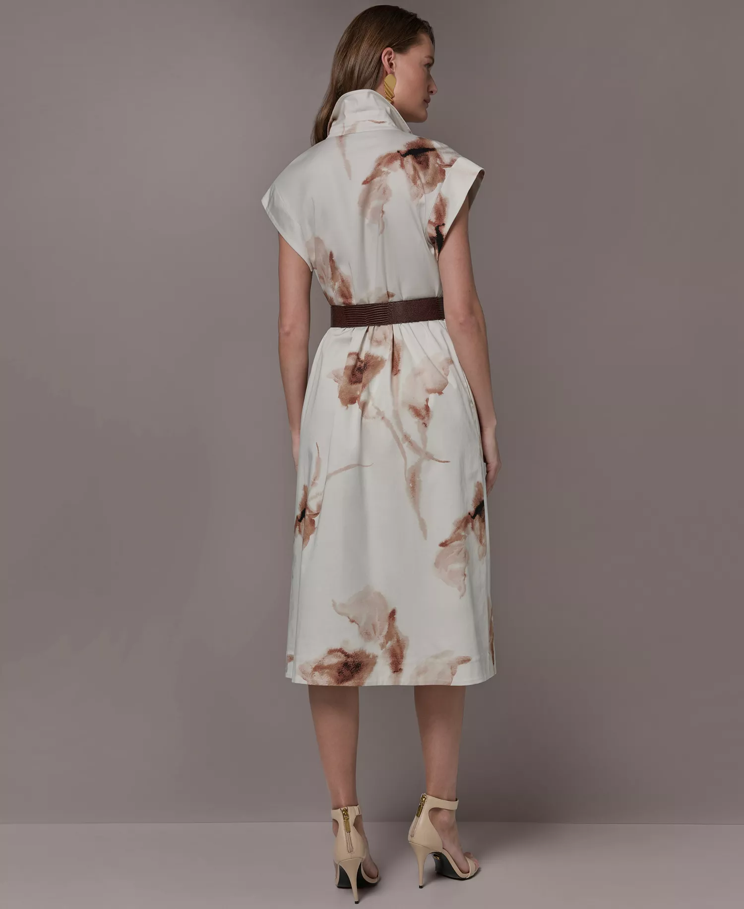 Women's Printed Collared Neck Dress - Light Tuscan Grey Multi - 10