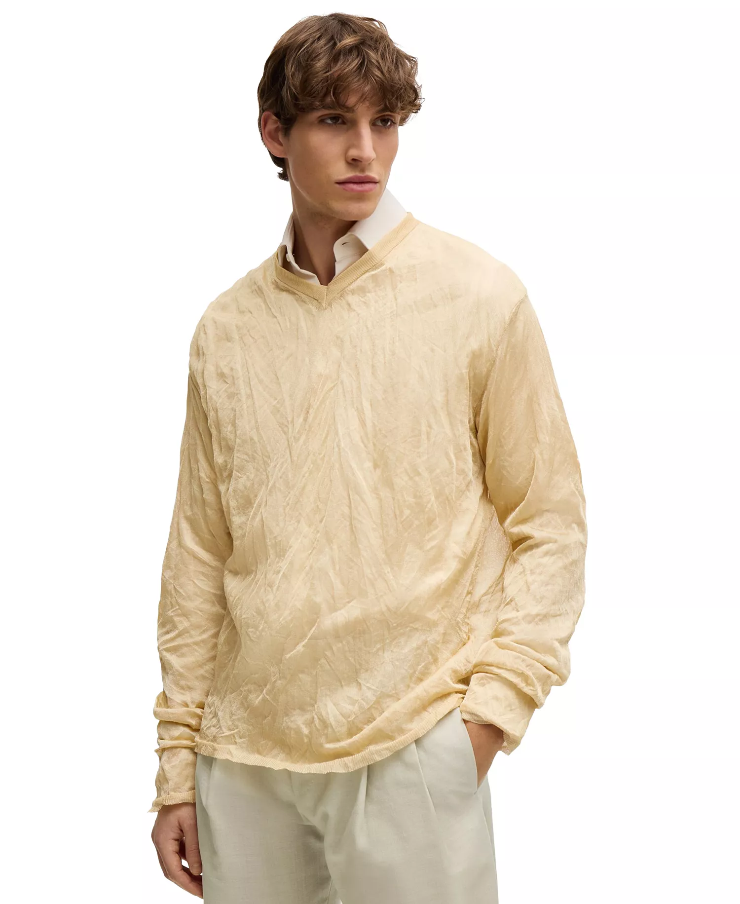 Men's Crinkled Knit V-Neck Sweater - Open Beige - XL