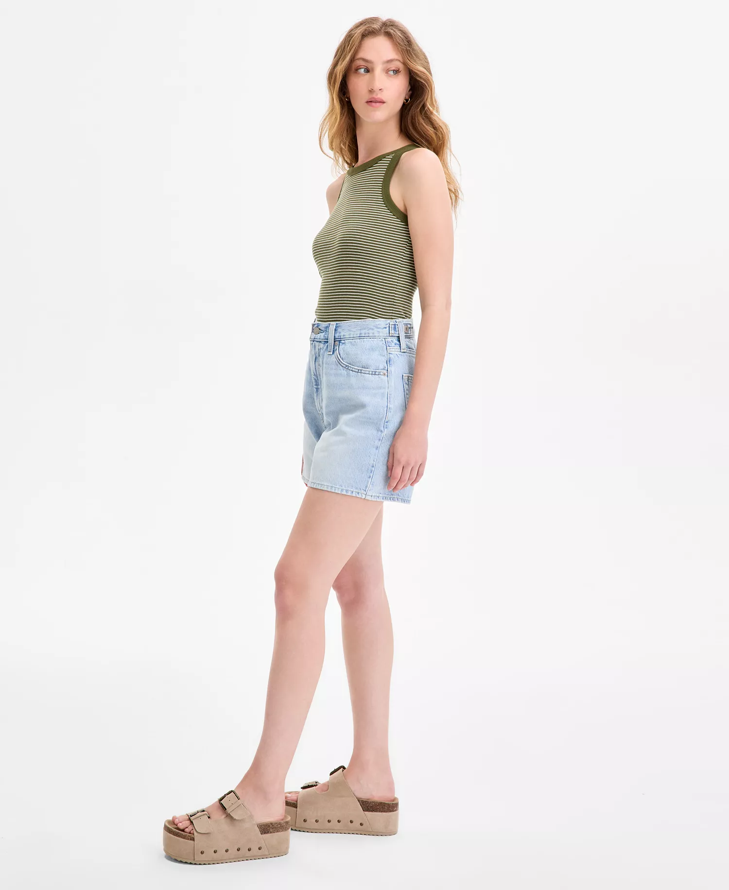 Women's Cotton Cinch-Waist Denim Shorts  - Abraided Art Short - Light Wash - 24