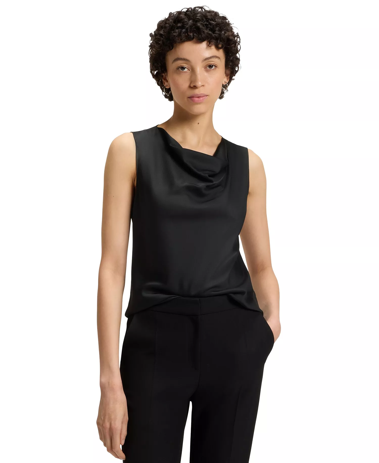 Women's Sleeveless Cowl-Neck Silk Blouse - Black - 10