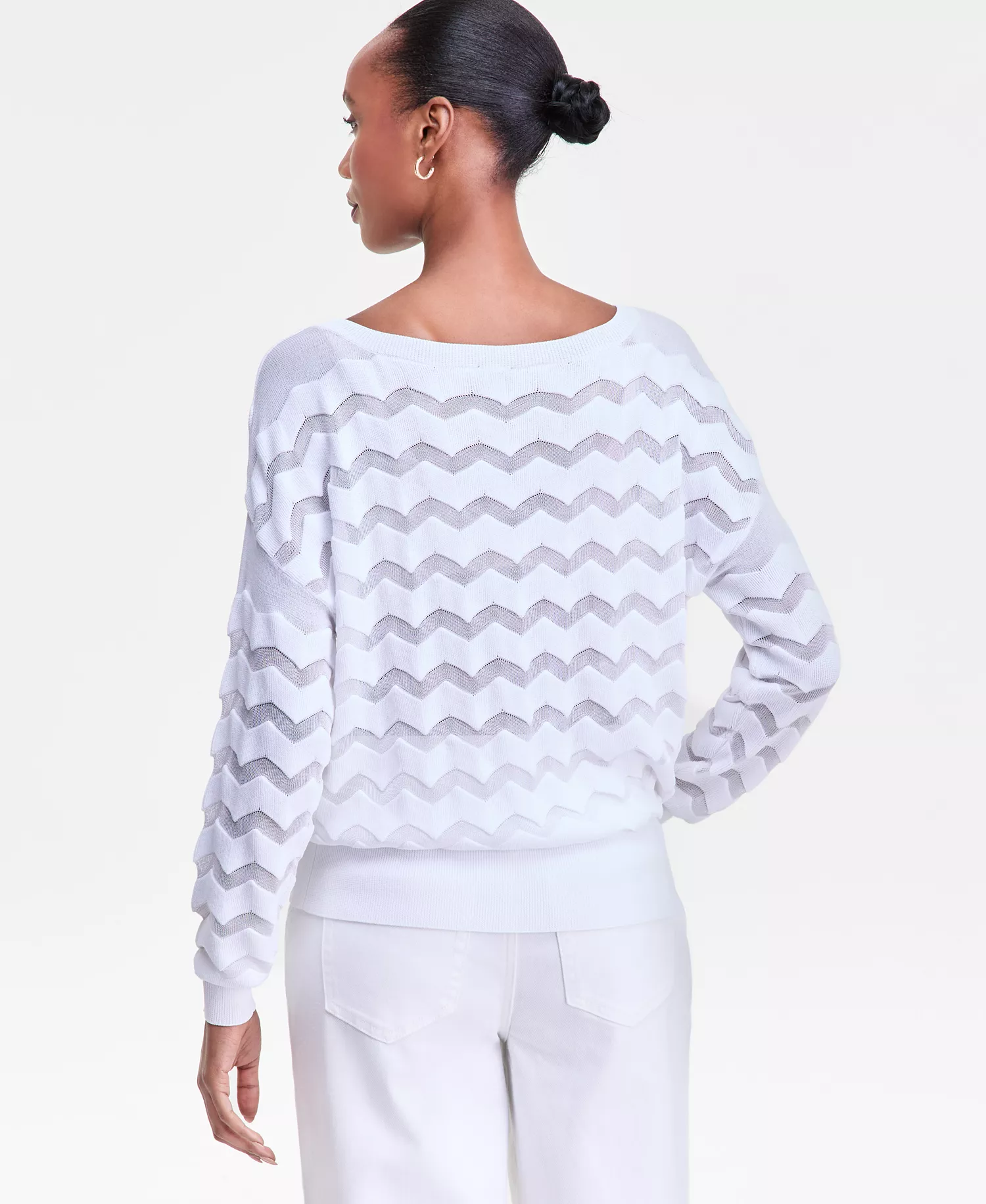Women's Sheer Chevron Stripe Sweater, Macy's Exclusive - Bright White - L