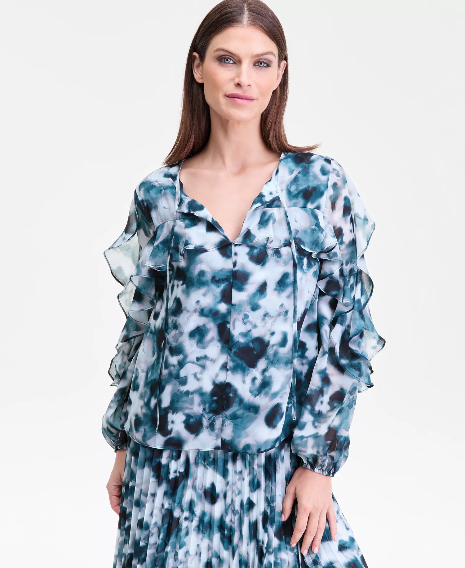 Women's Long-Sleeve Printed Ruffle-Trim Blouse, Macy's Exclusive - Misha Abstract Black - L