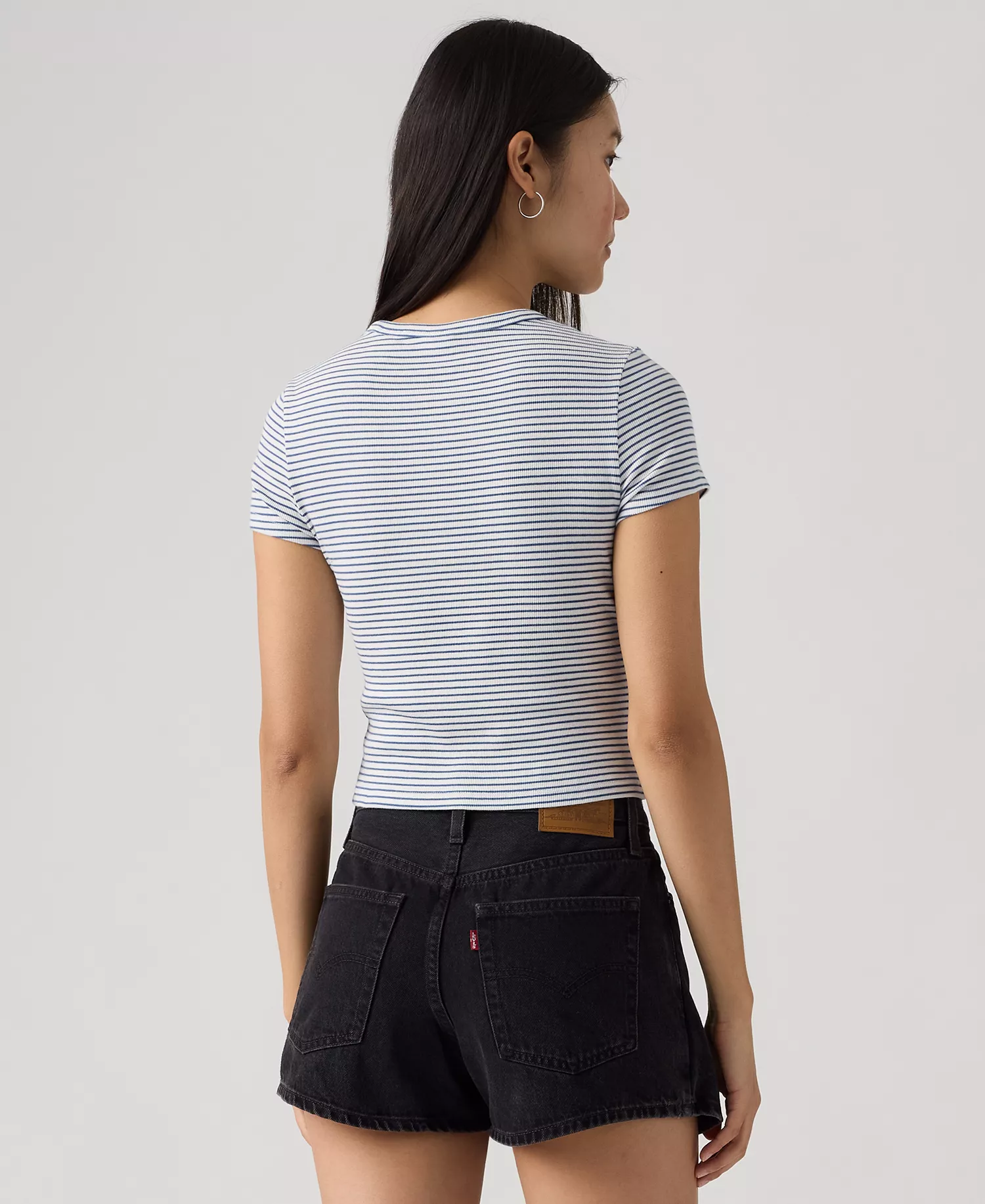 Women's Short-Sleeve Cropped Top - Ava Stripe Cloud Dancer Sunshine Blue - L