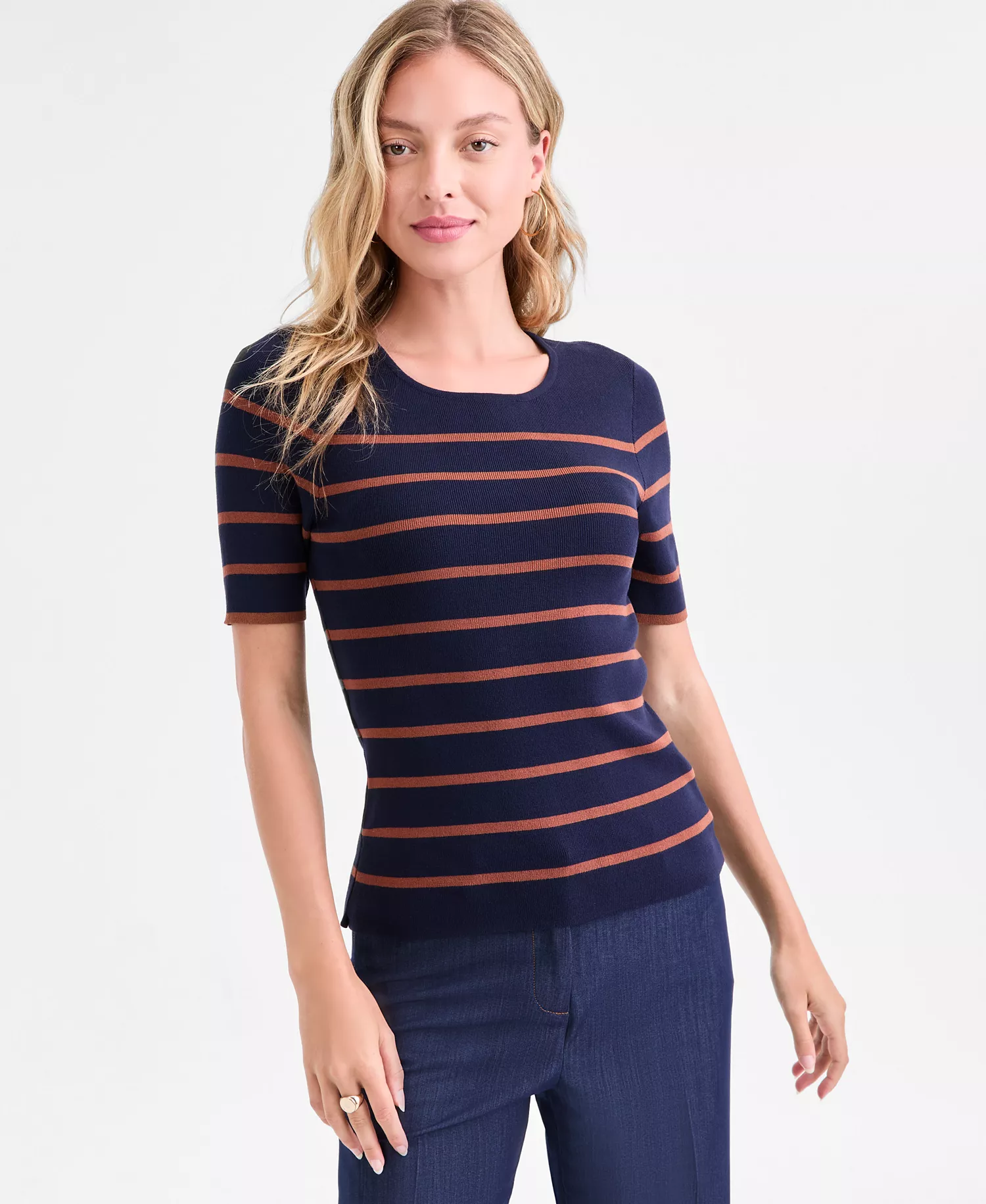 Women's Petite Striped Short-Sleeve Sweater Tee - Navy/tawny - P/L
