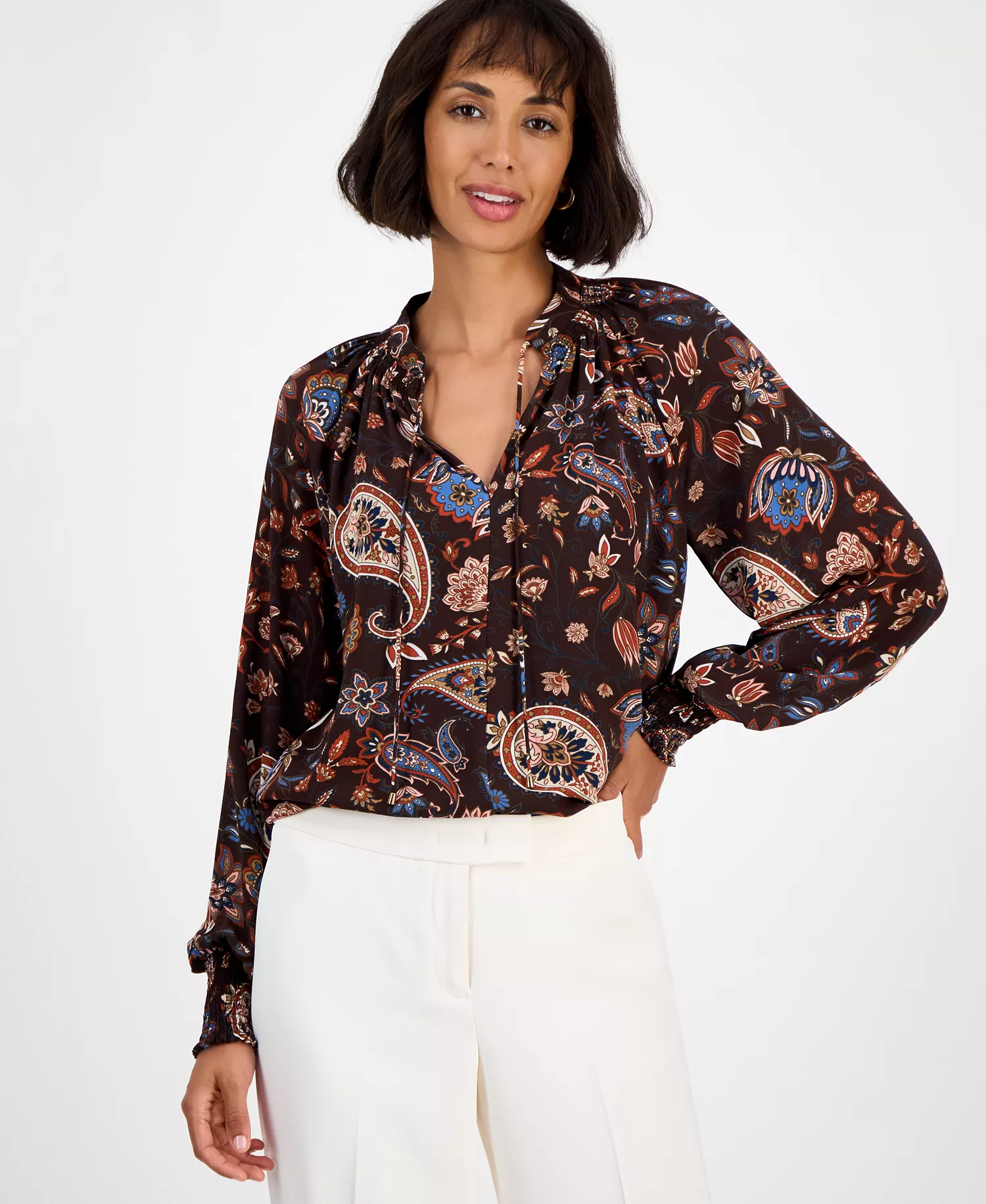 Women's Printed Split-Neck Long-Sleeve Blouse  - Espresso Paisley Print - M