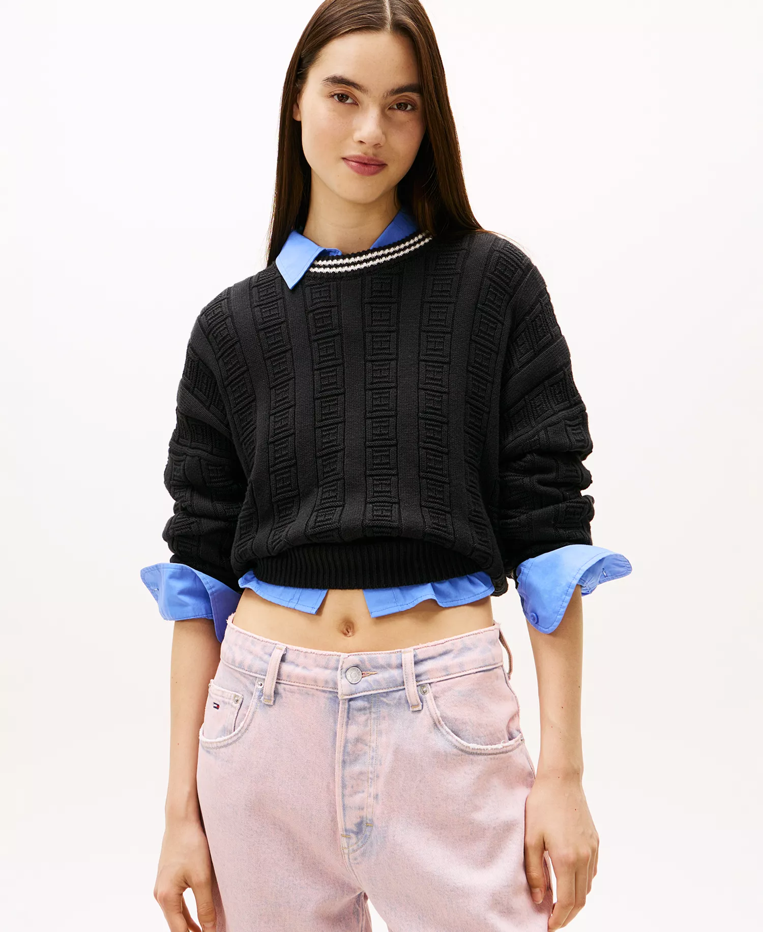 Women's Boxy Flag Cable Long-Sleeve Sweater - Black - L