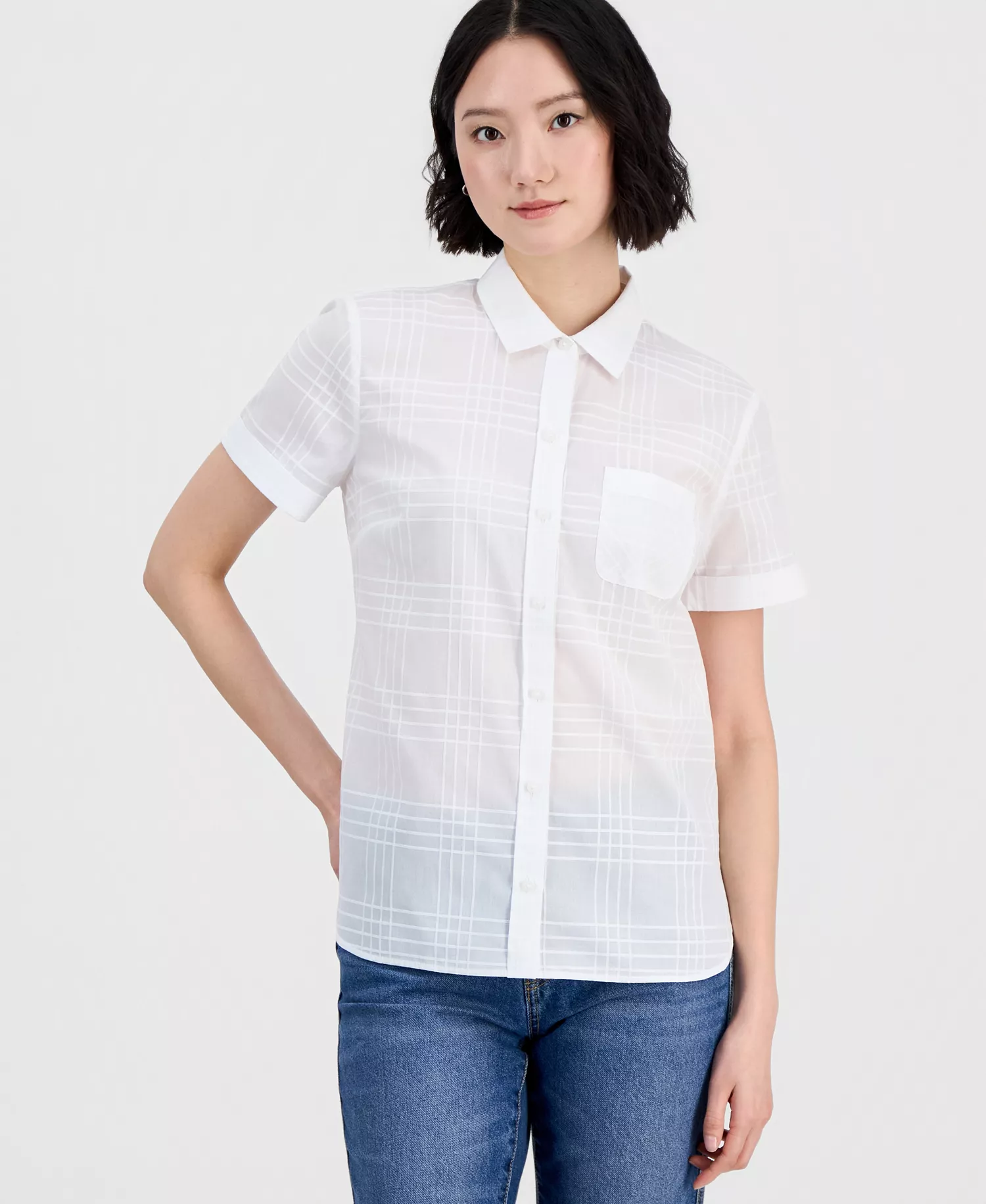 Nautica Women's Cotton Dobby Plaid Camp Shirt - Bright White - L