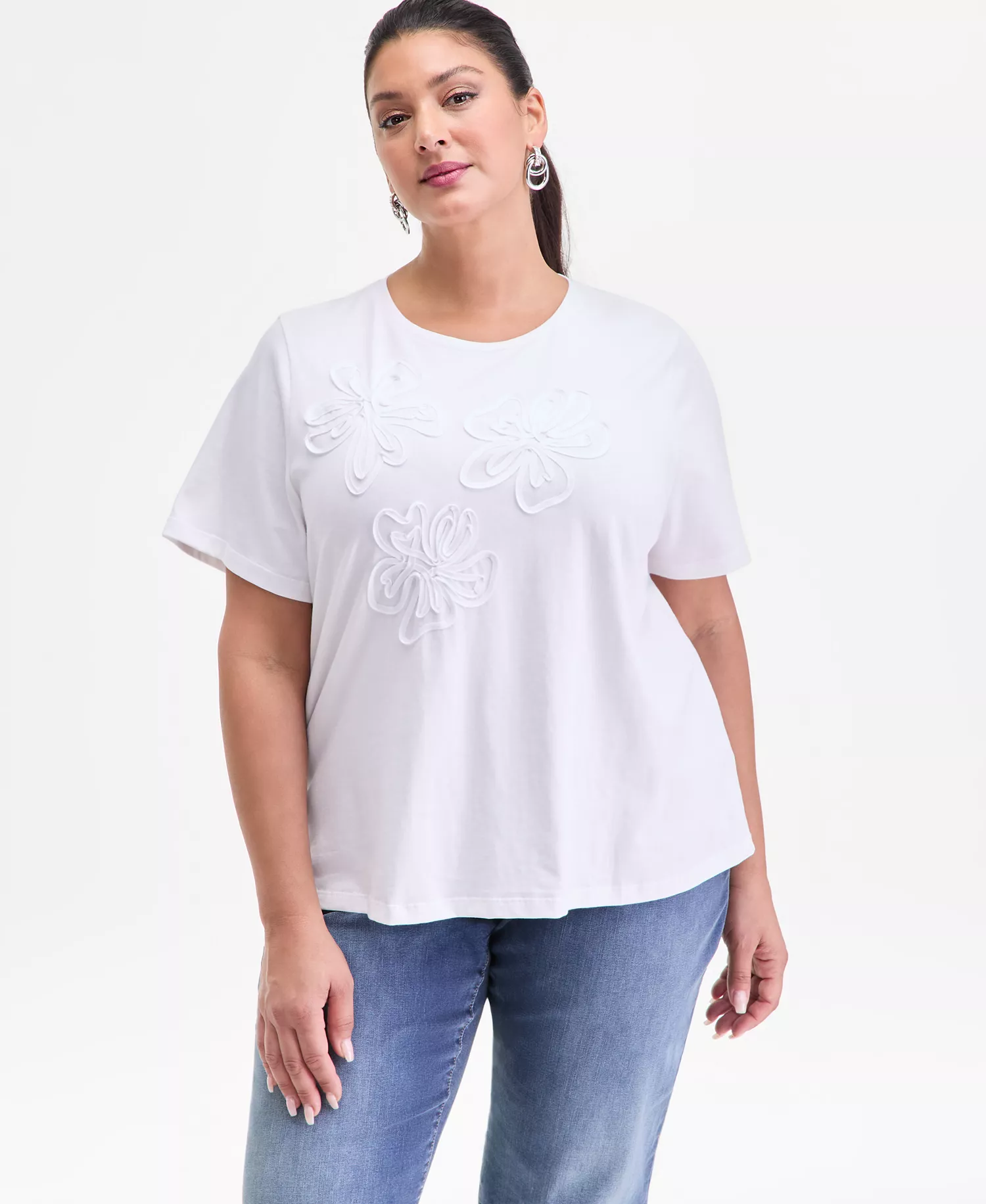 Plus Size Cotton Floral-Soutache Top, Macy's Exclusive - Bright White - 0X