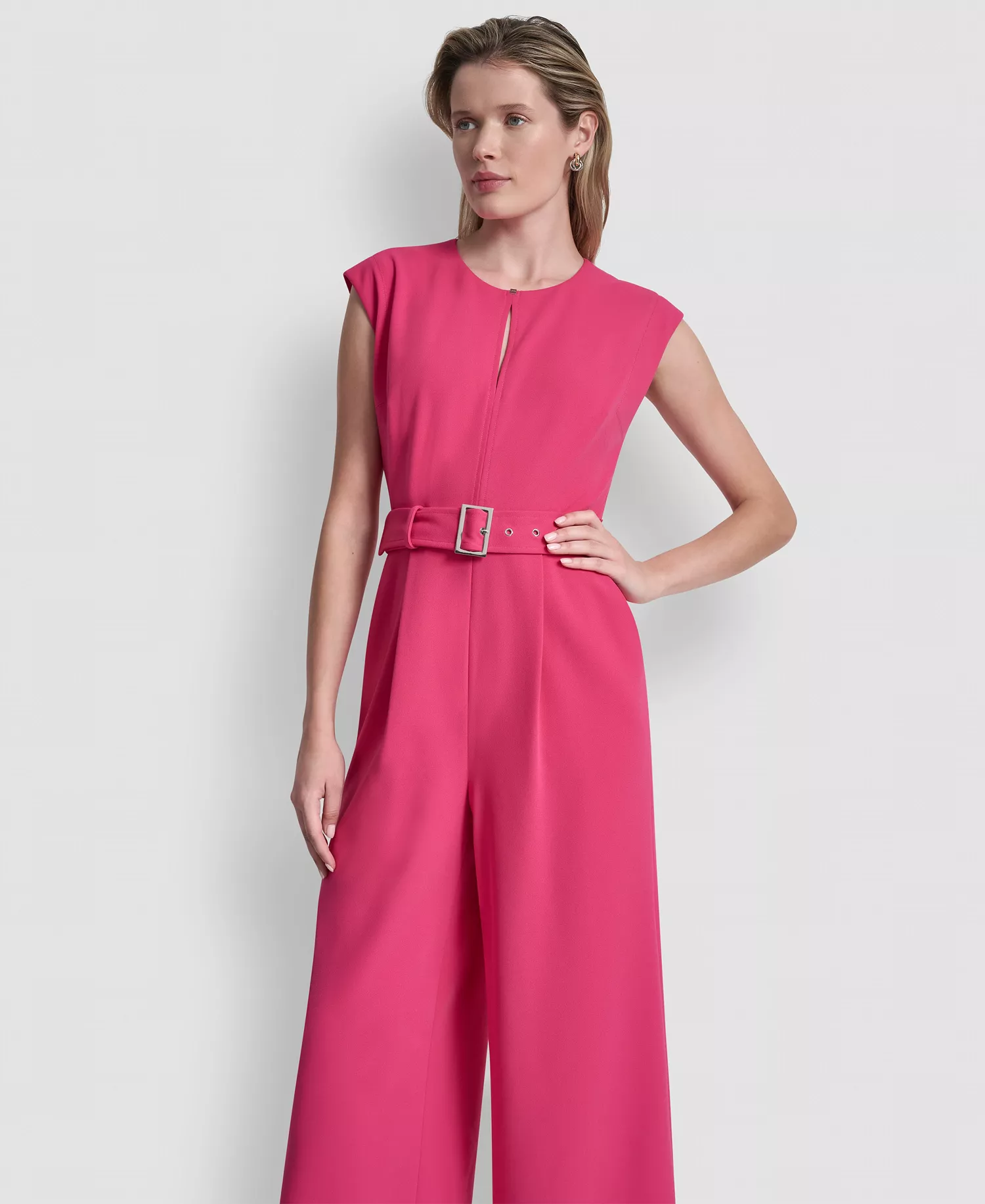 Women's Cap-Sleeve Jewel Neck Cropped Jumpsuit - Hot Pink - 10