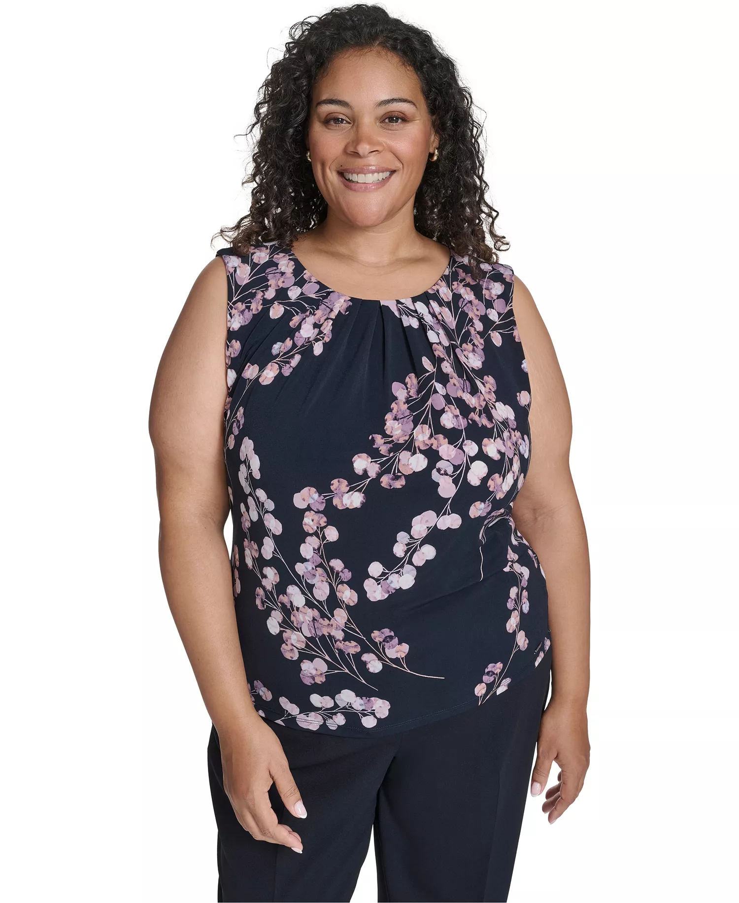 Women's Plus Size Printed Sleeveless Scoop Neck Top - Navy Cream Multi - 1X