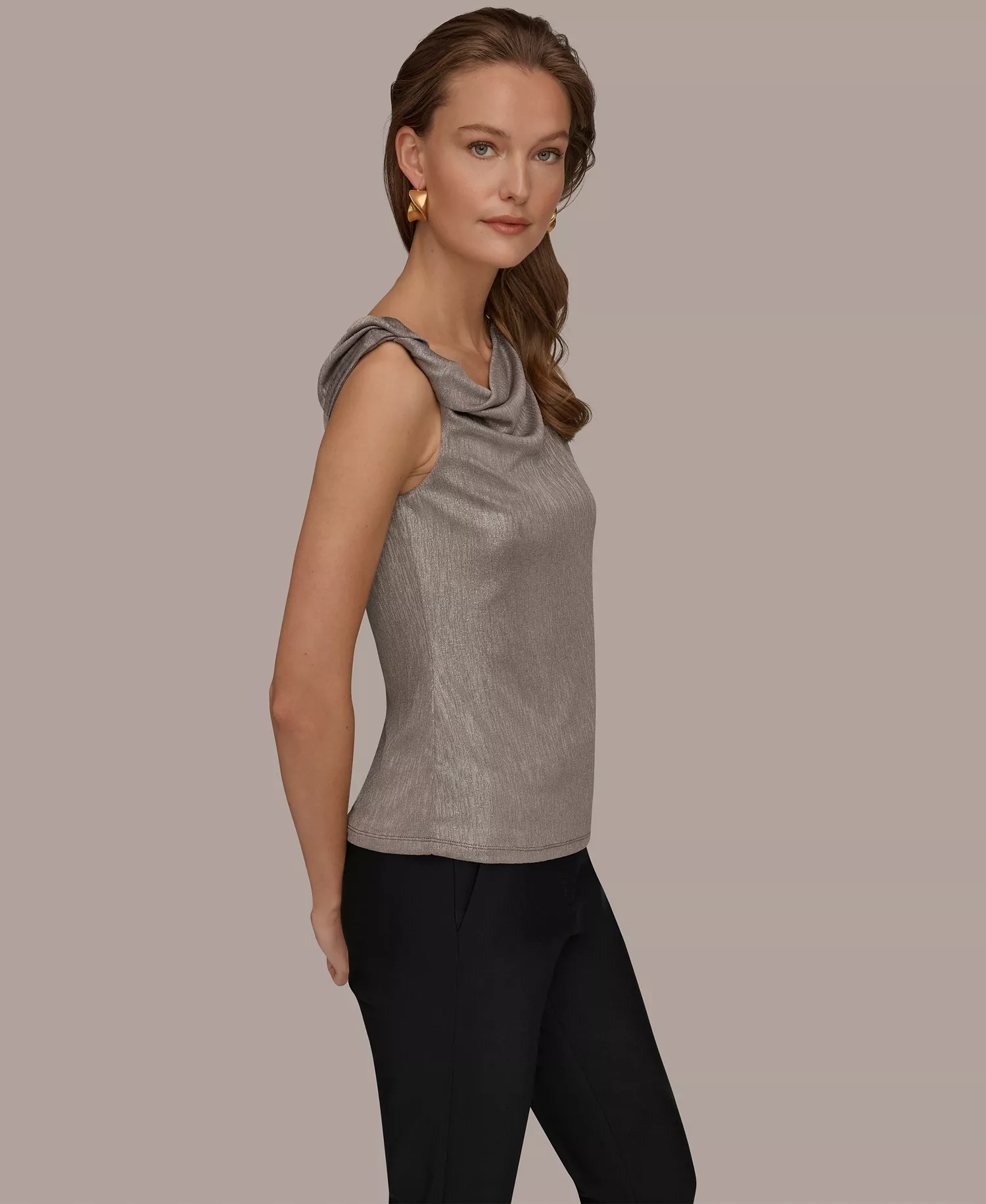 Women’s Foil Asymmetric Neck Top - Tuscan Grey/Silver Foil - L