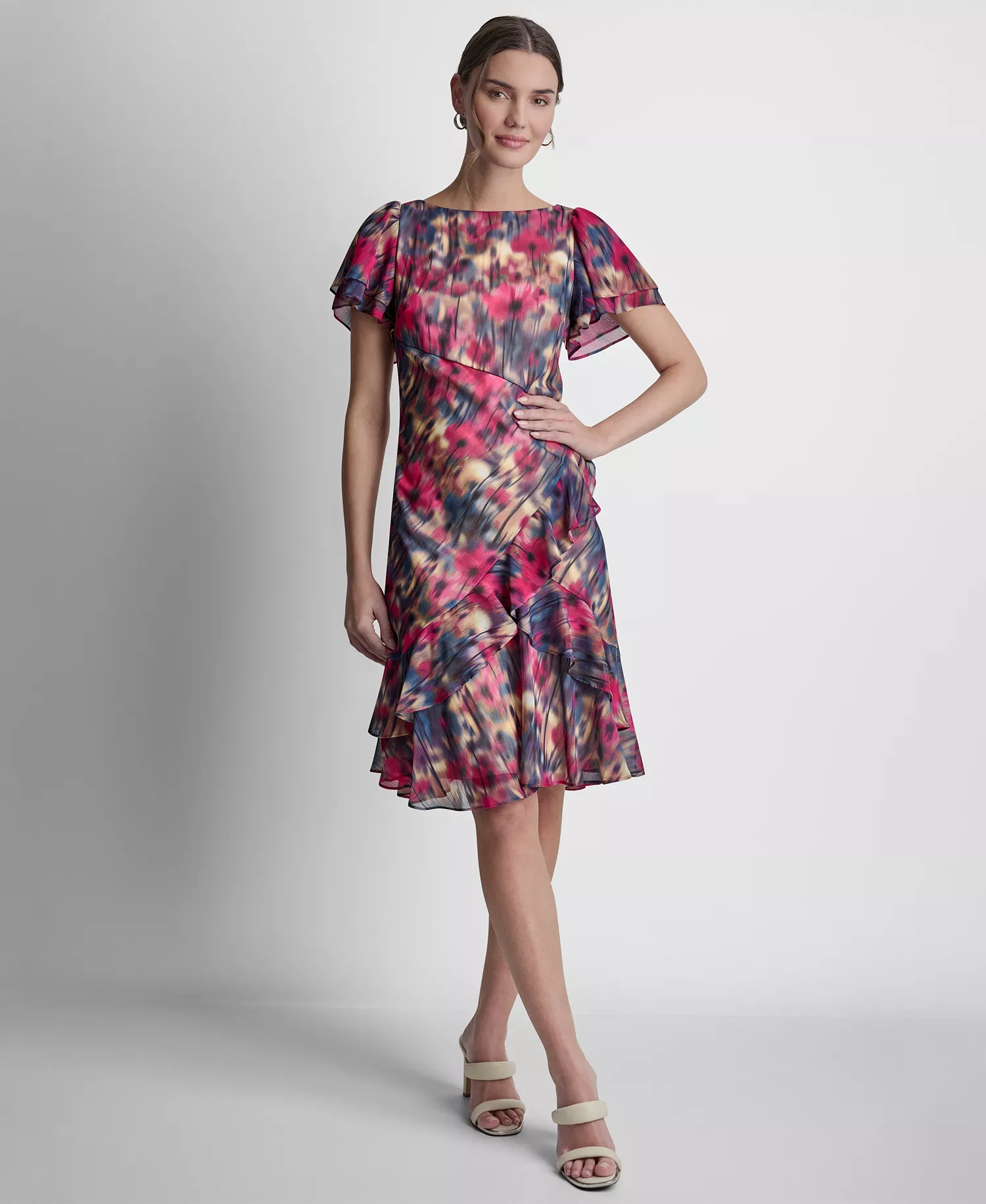 Petite Flutter-Sleeve Jewel Neck Dress - Lightt City Khaki Multi - 0P