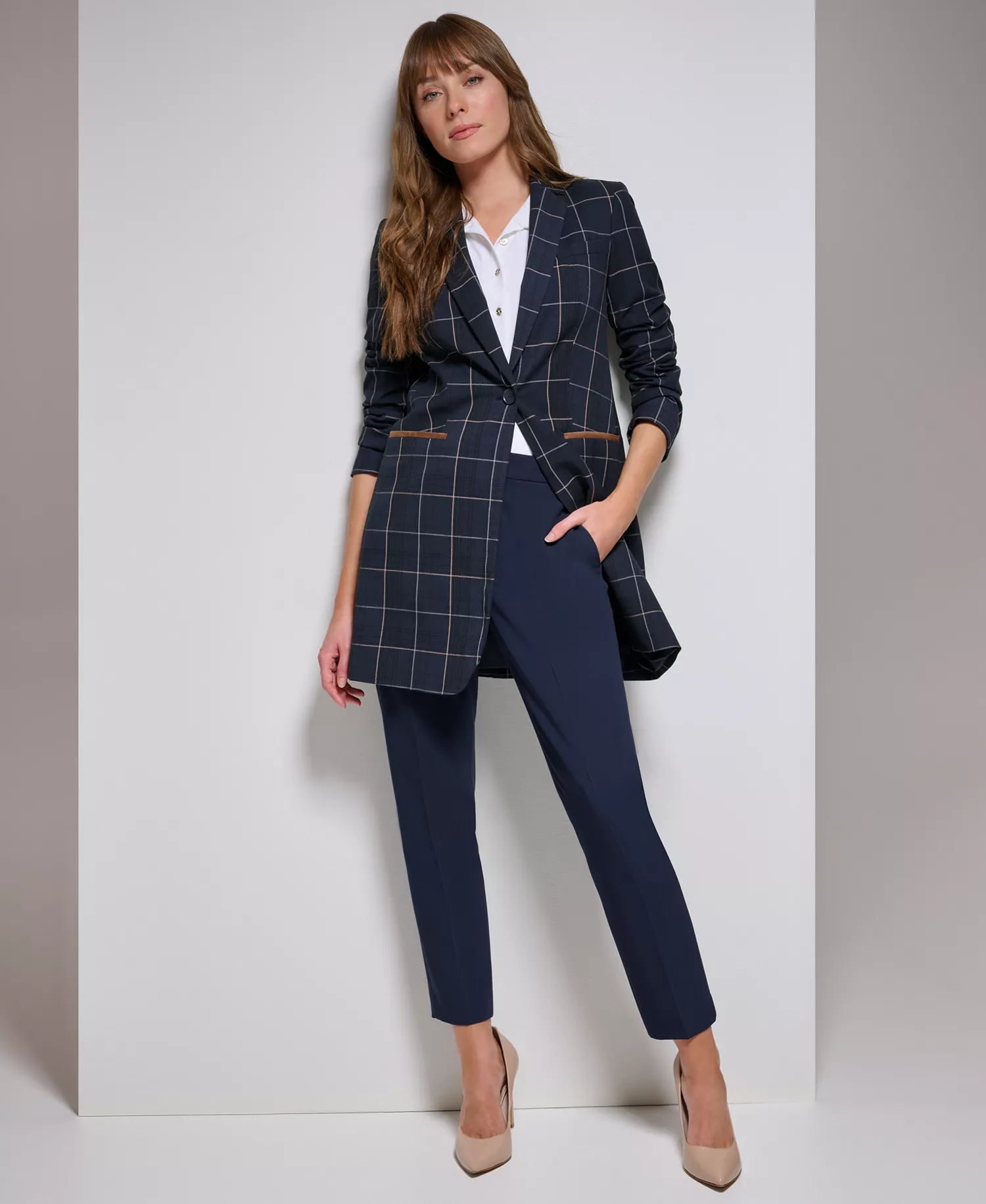 Women's Windowpane One-Button Blazer - Midnt/grey - 0