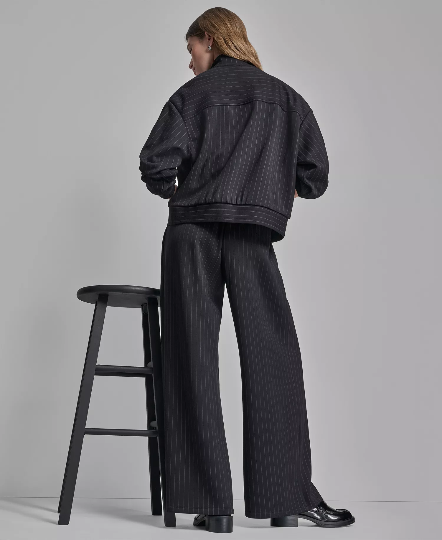Women's Full-Zip Pinstripe Track Jacket and Straight-Leg Pleated Pinstripe Pants - Black Pinstripe - L