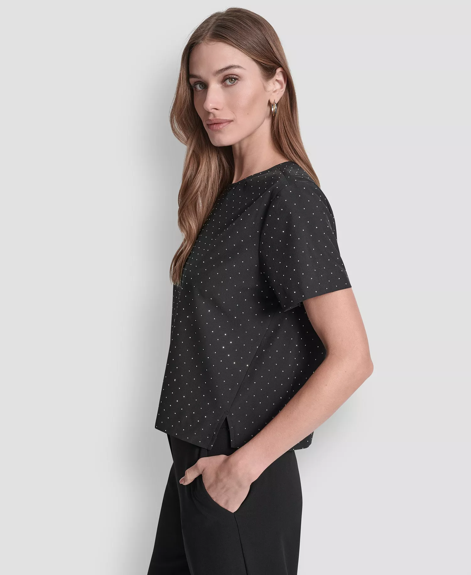 Women's Crewneck Short Sleeves Top - Black/crystal Stones - XL