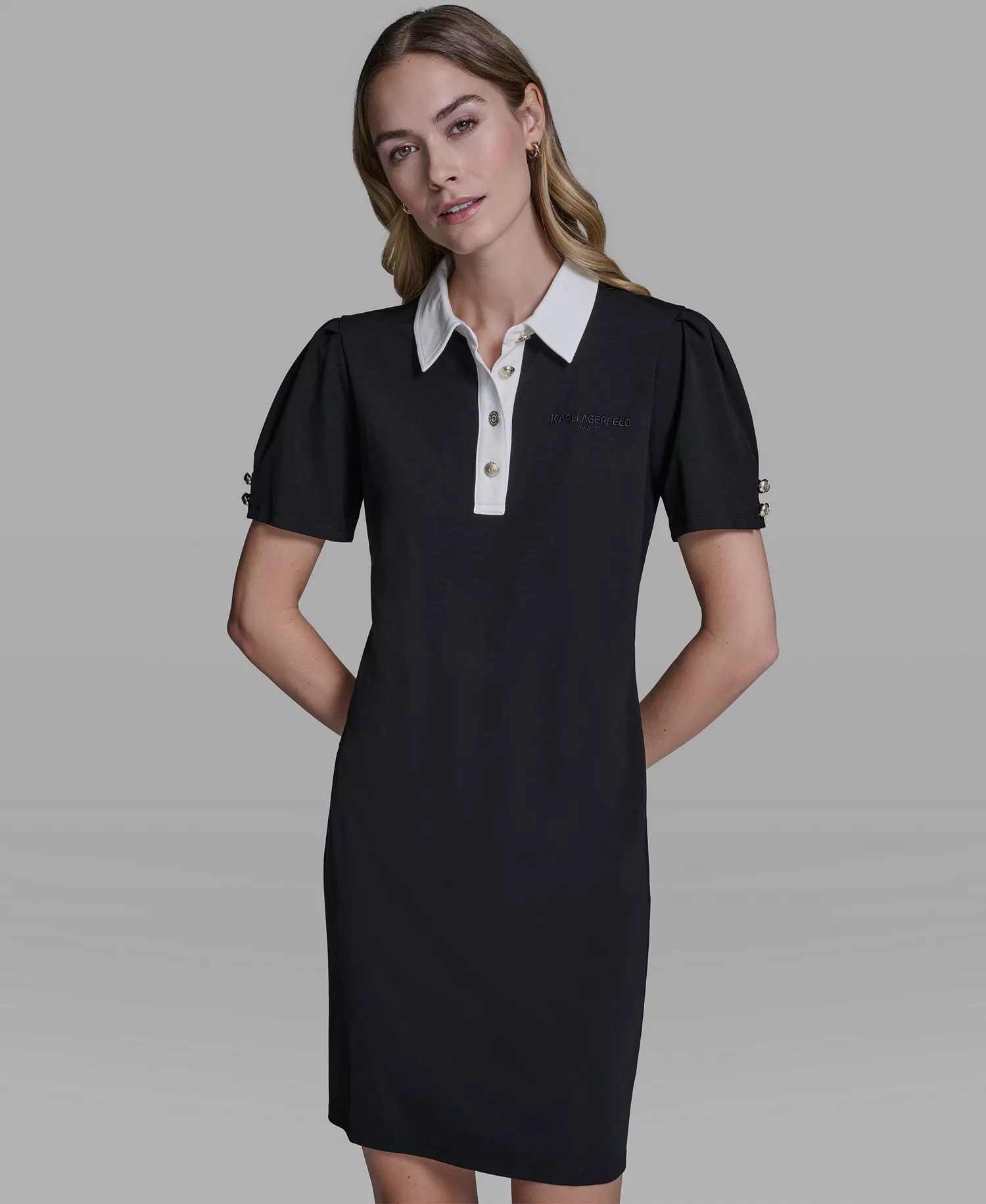 Women's Knit Collared Polo Dress - Black - L