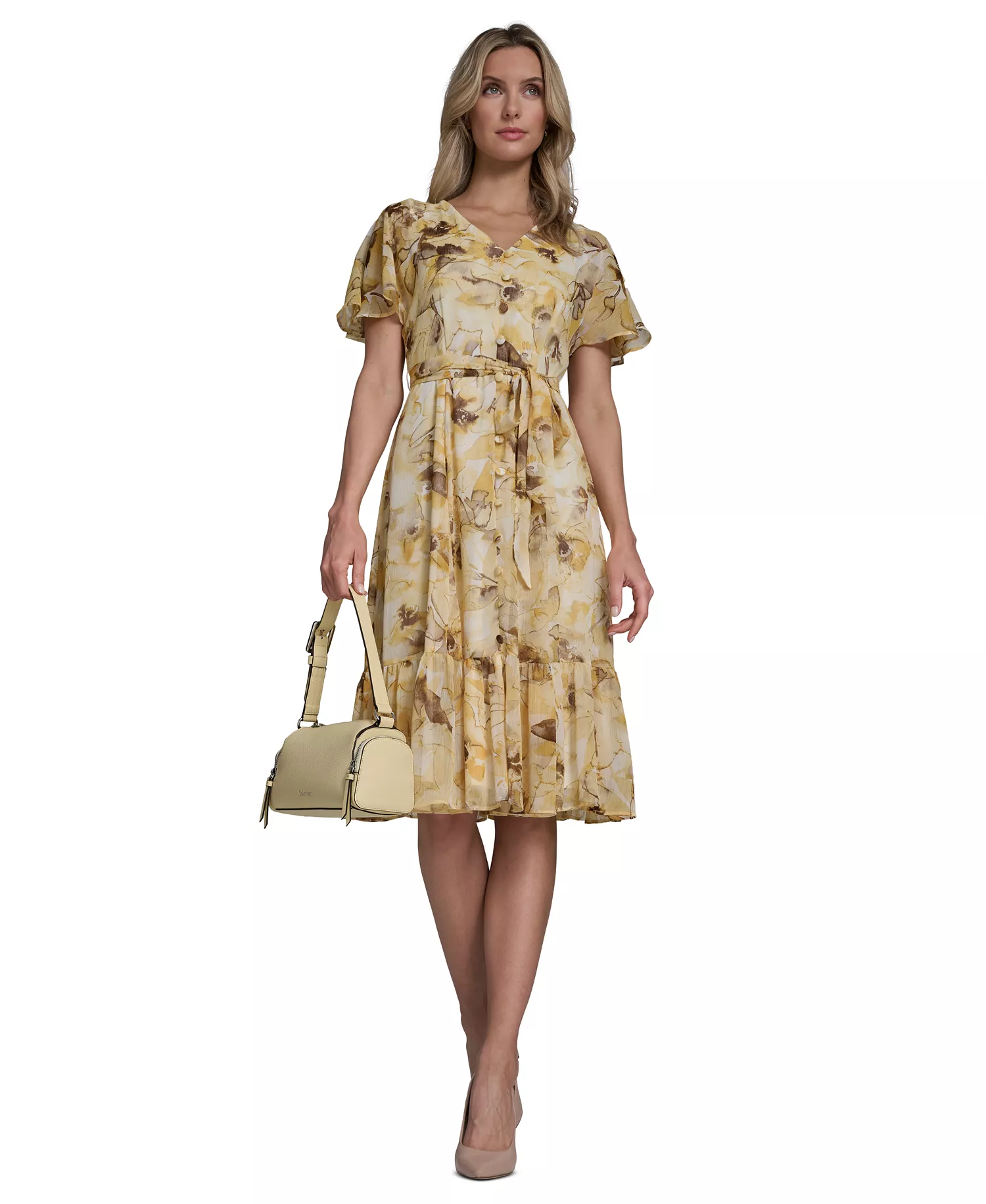 Women's Flutter-Sleeve Floral Print Midi Dress - Dijon Multi - 10