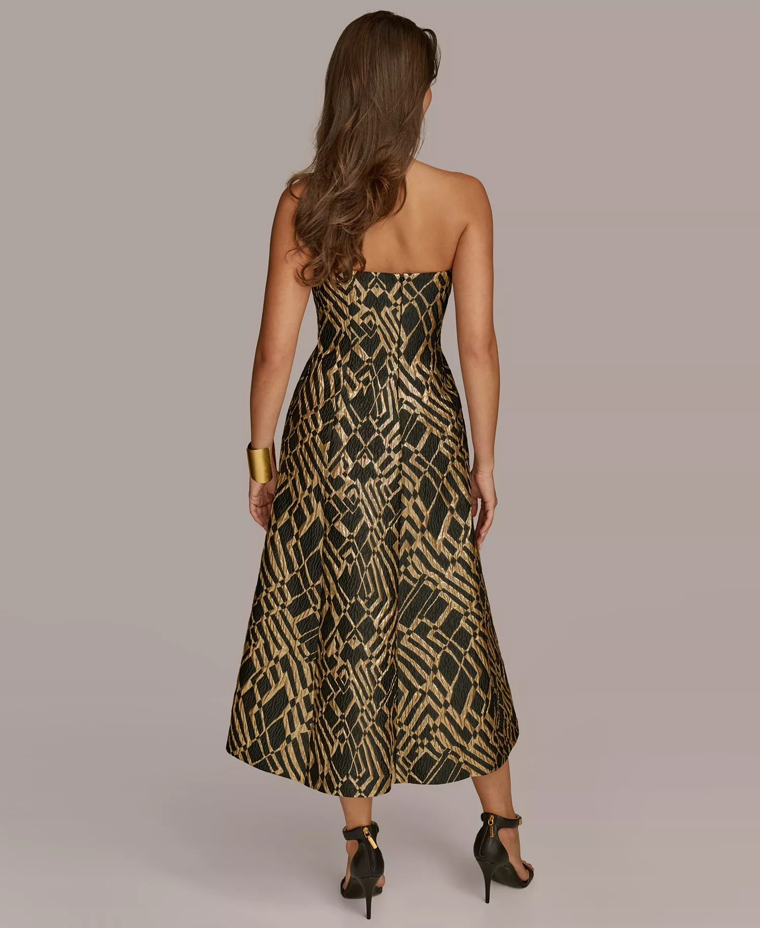 Women's Strapless Fit and Flare Midi Dress - Black/Sand Multi - 14