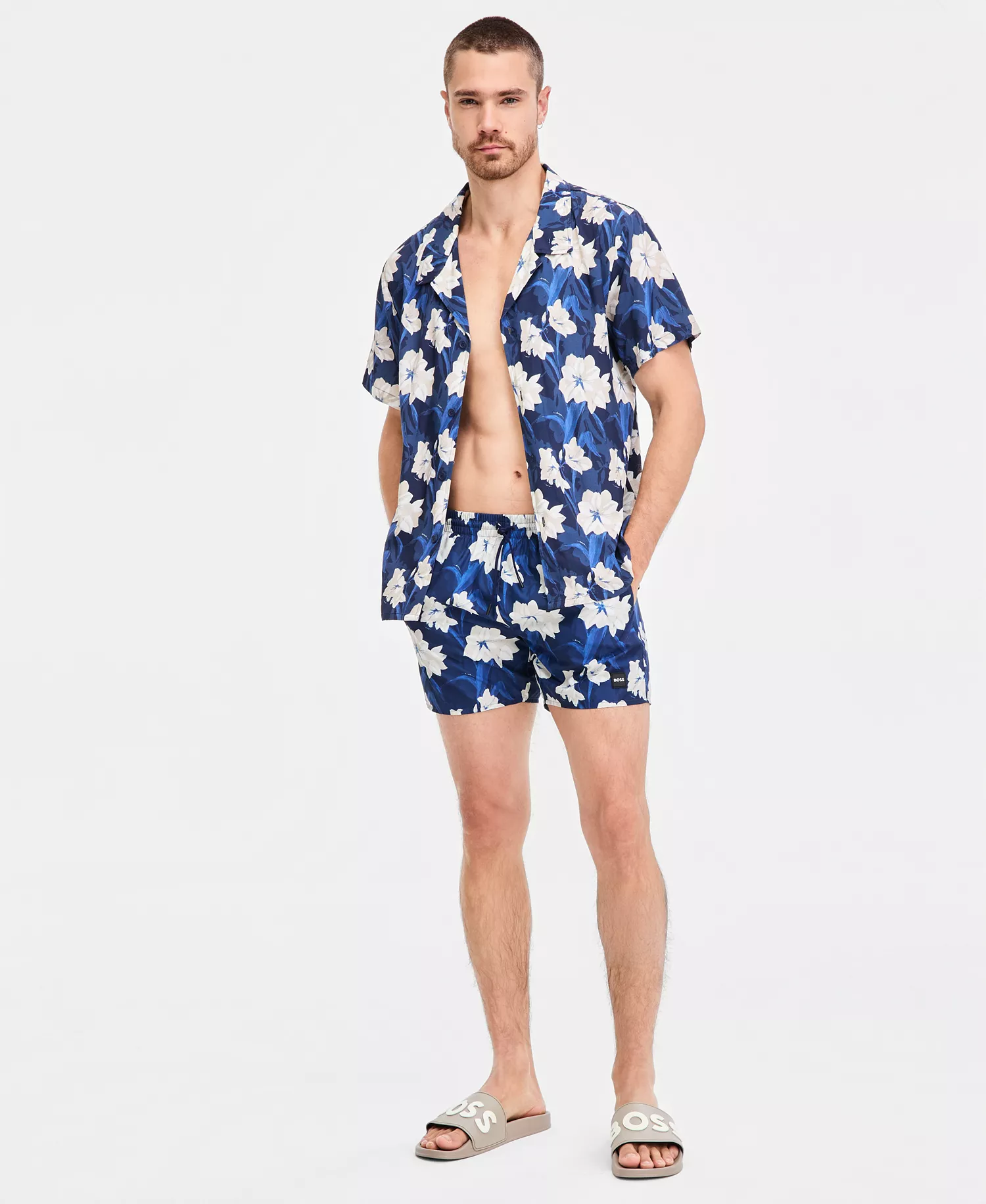 Men's Tropical Printed Button-Down Swim Shirt - Blue Floral - 2XL
