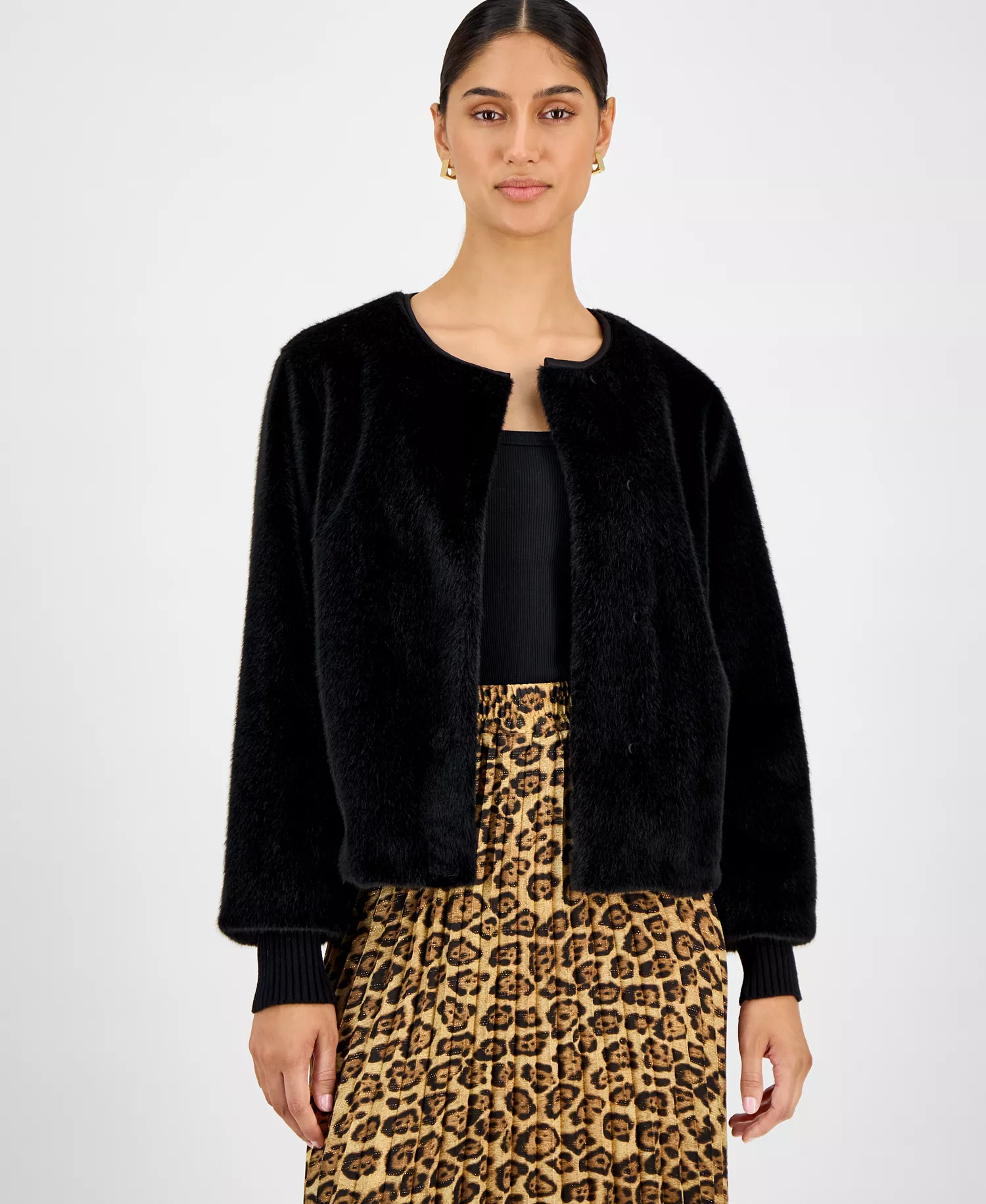 Women's Knit-Cuff Faux-Fur Jacket - Black - L