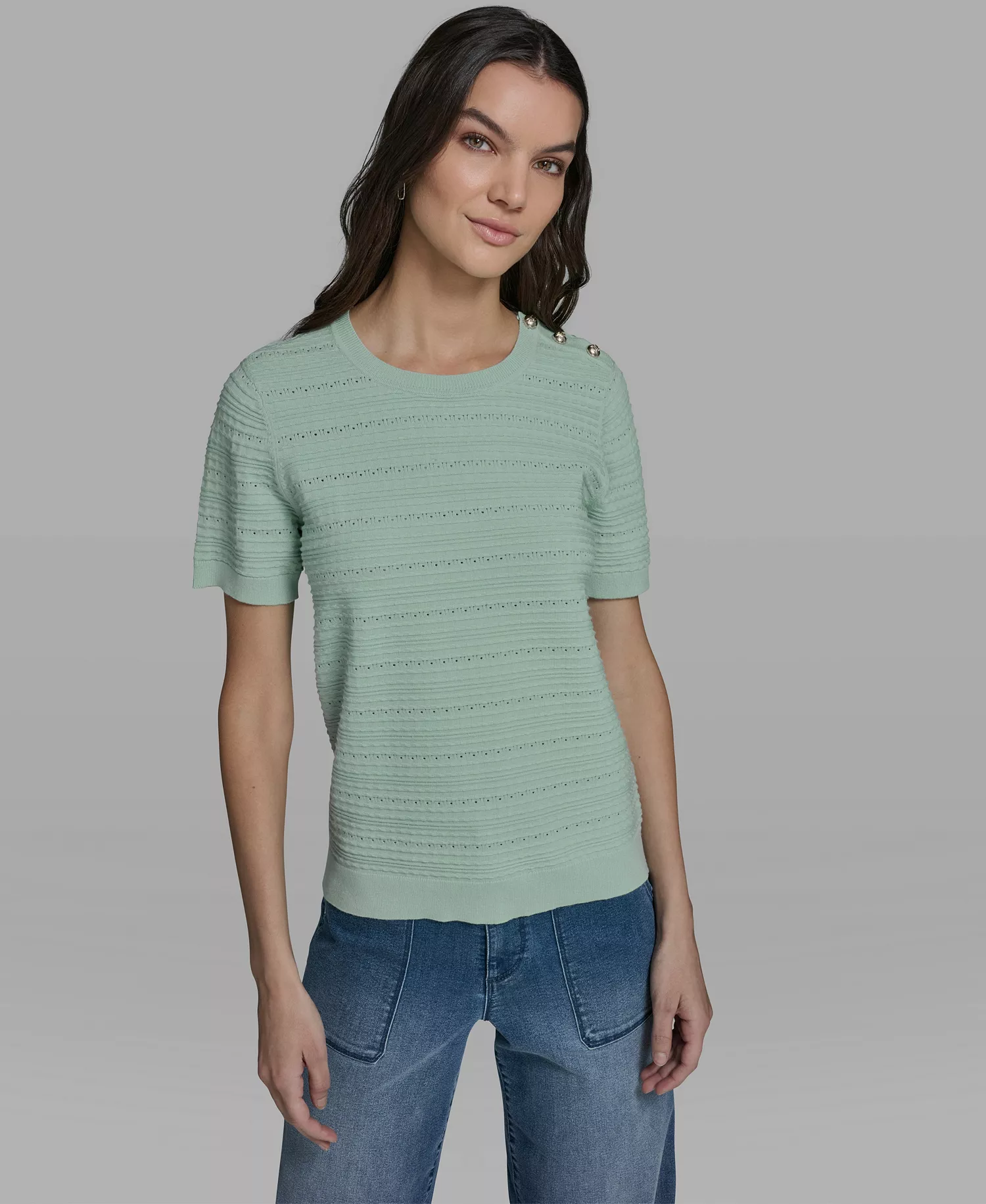 Women's Solid Pointelle Crew Neck Sweater - Fresh Mint - L