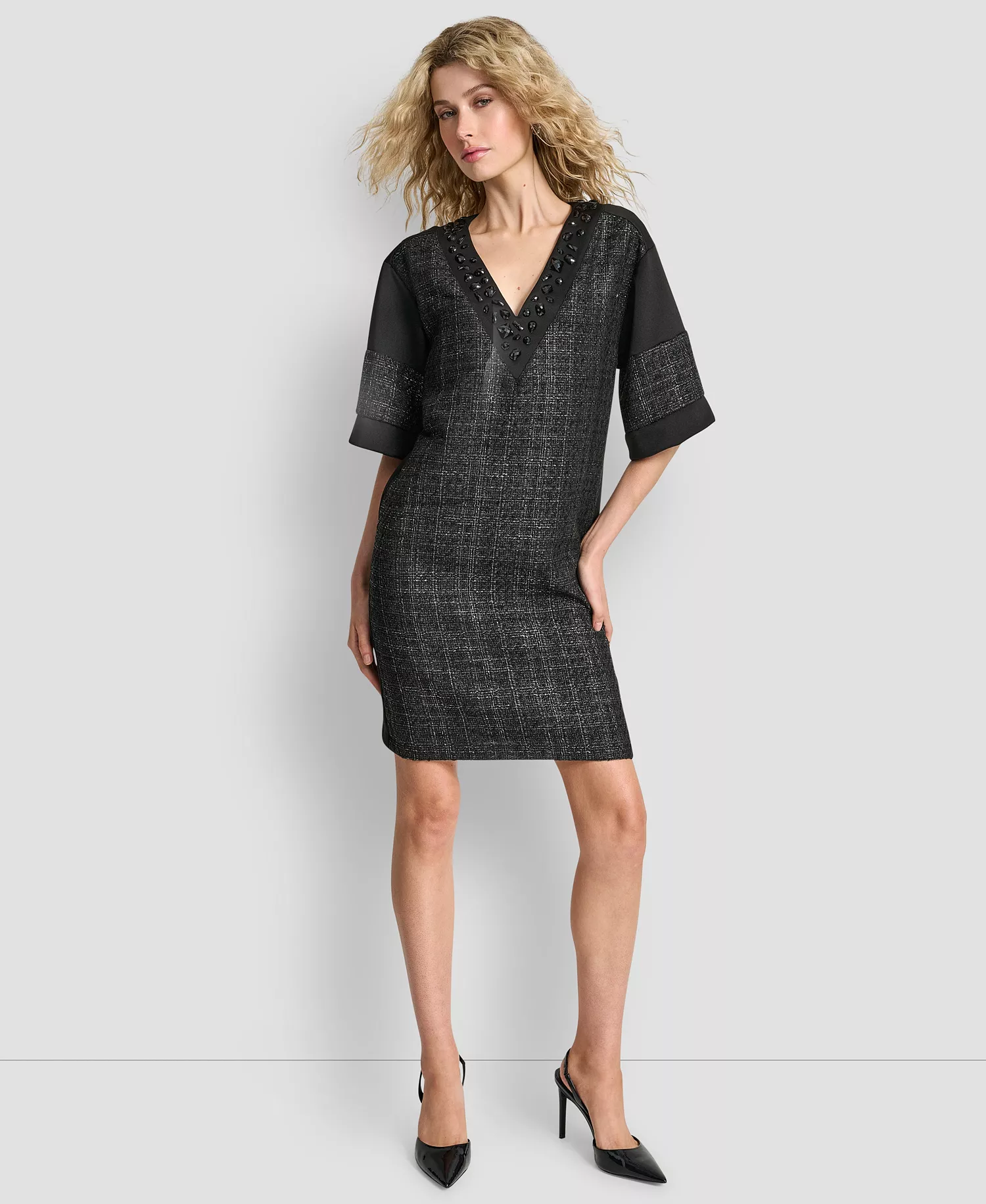 Women's Mix Media Short Sleeves Shift Dress - Black - XS